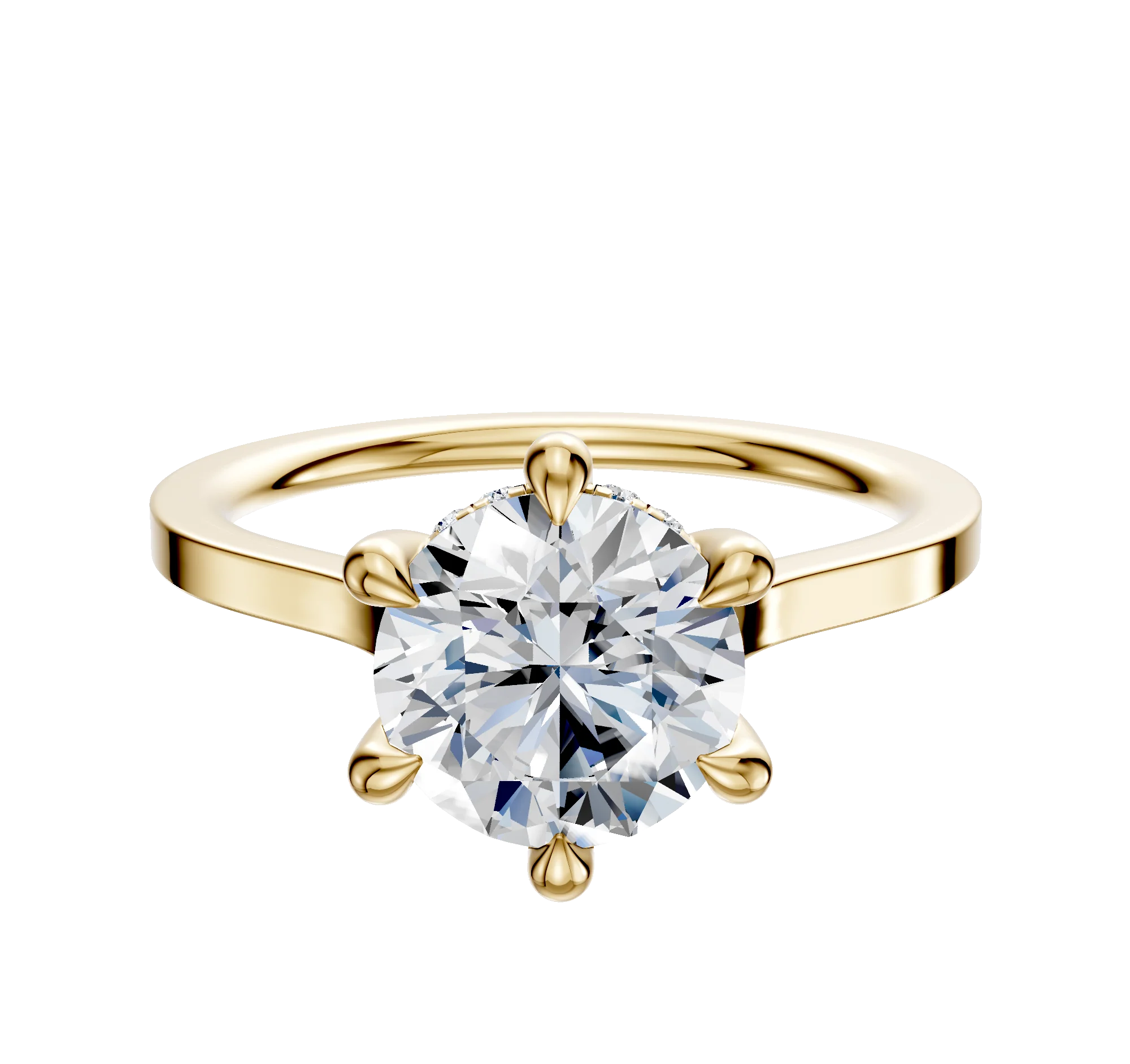 14K Yellow Gold 6 Prong Hidden Halo Cathedral Flat 1.5mm Engagement Ring