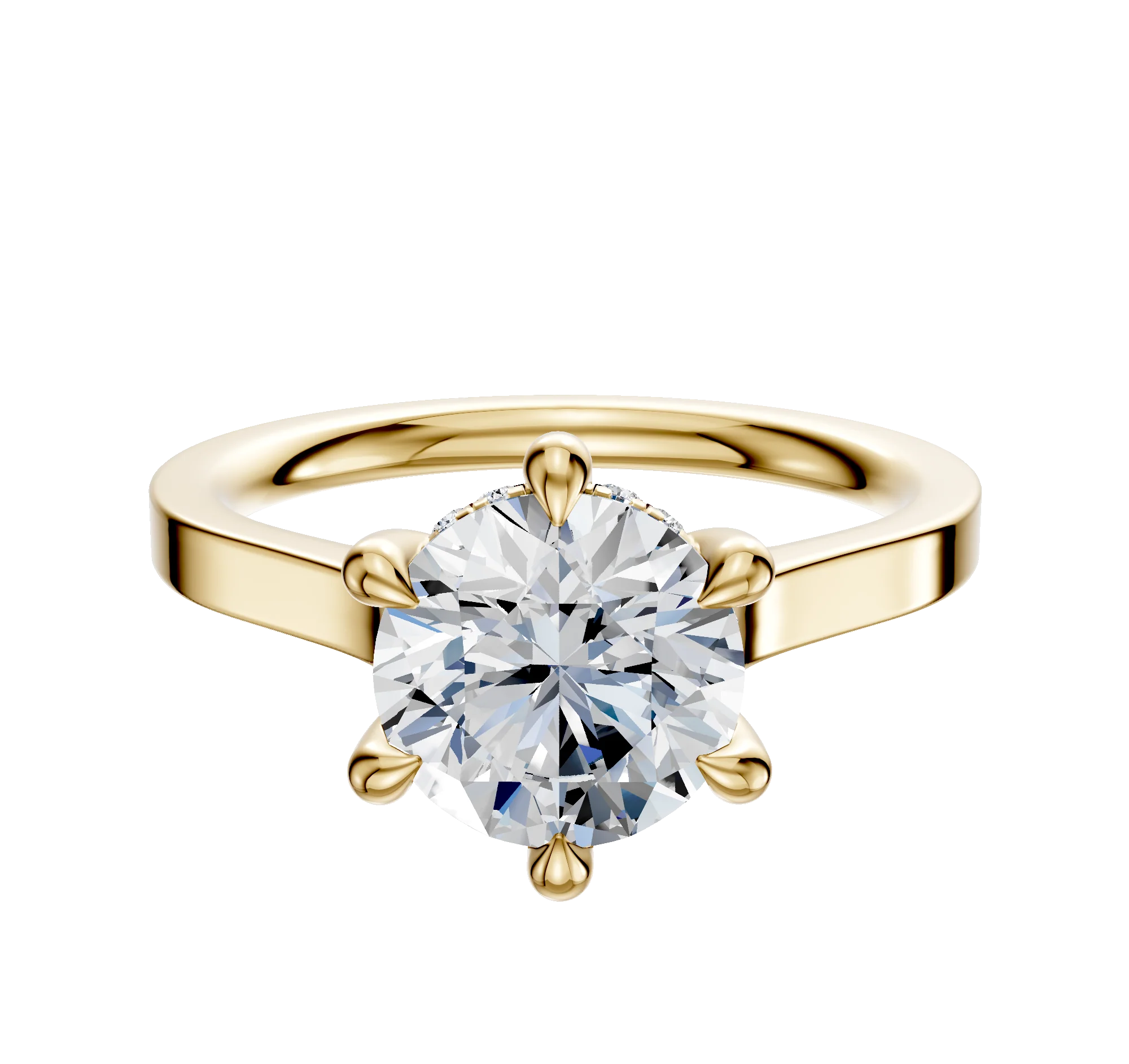 14K Yellow Gold 6 Prong Hidden Halo Cathedral Flat 2.0mm Engagement Ring