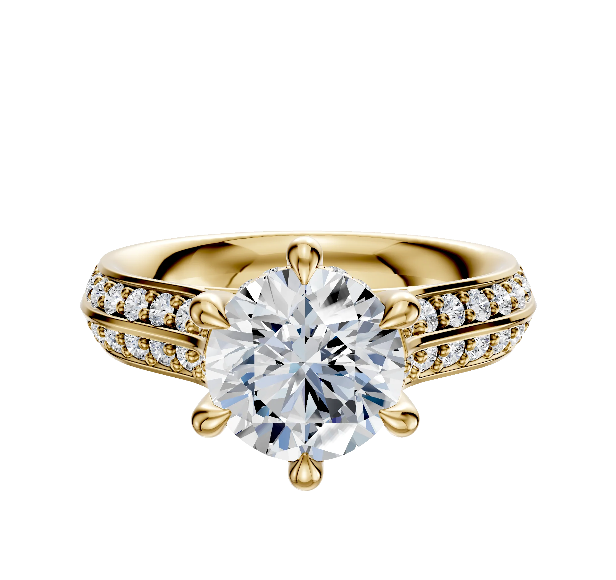 14K Yellow Gold 6 Prong Hidden Halo Cathedral Knife Edge 1-Row-Pave 2.5mm Engagement Ring