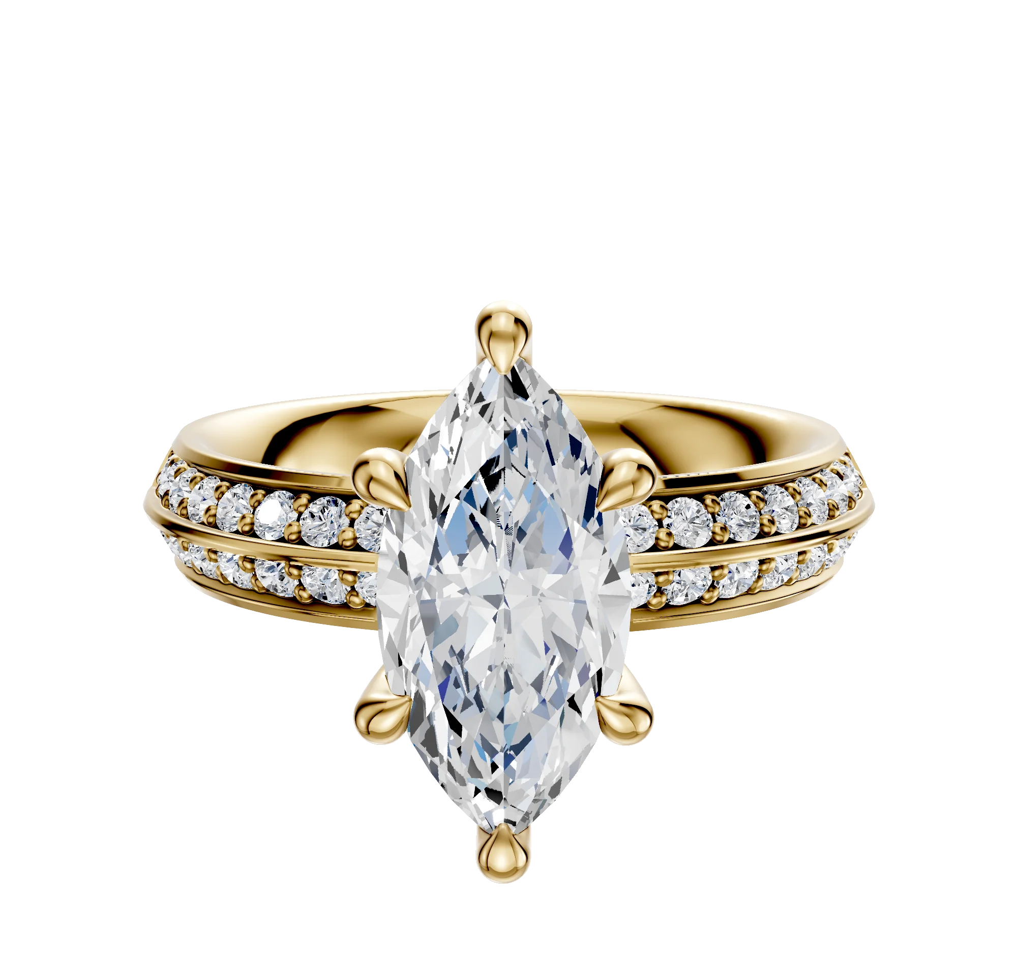 14K Yellow Gold 6 Prong Hidden Halo Classic Knife Edge 1-Row-Pave 2.5mm Engagement Ring