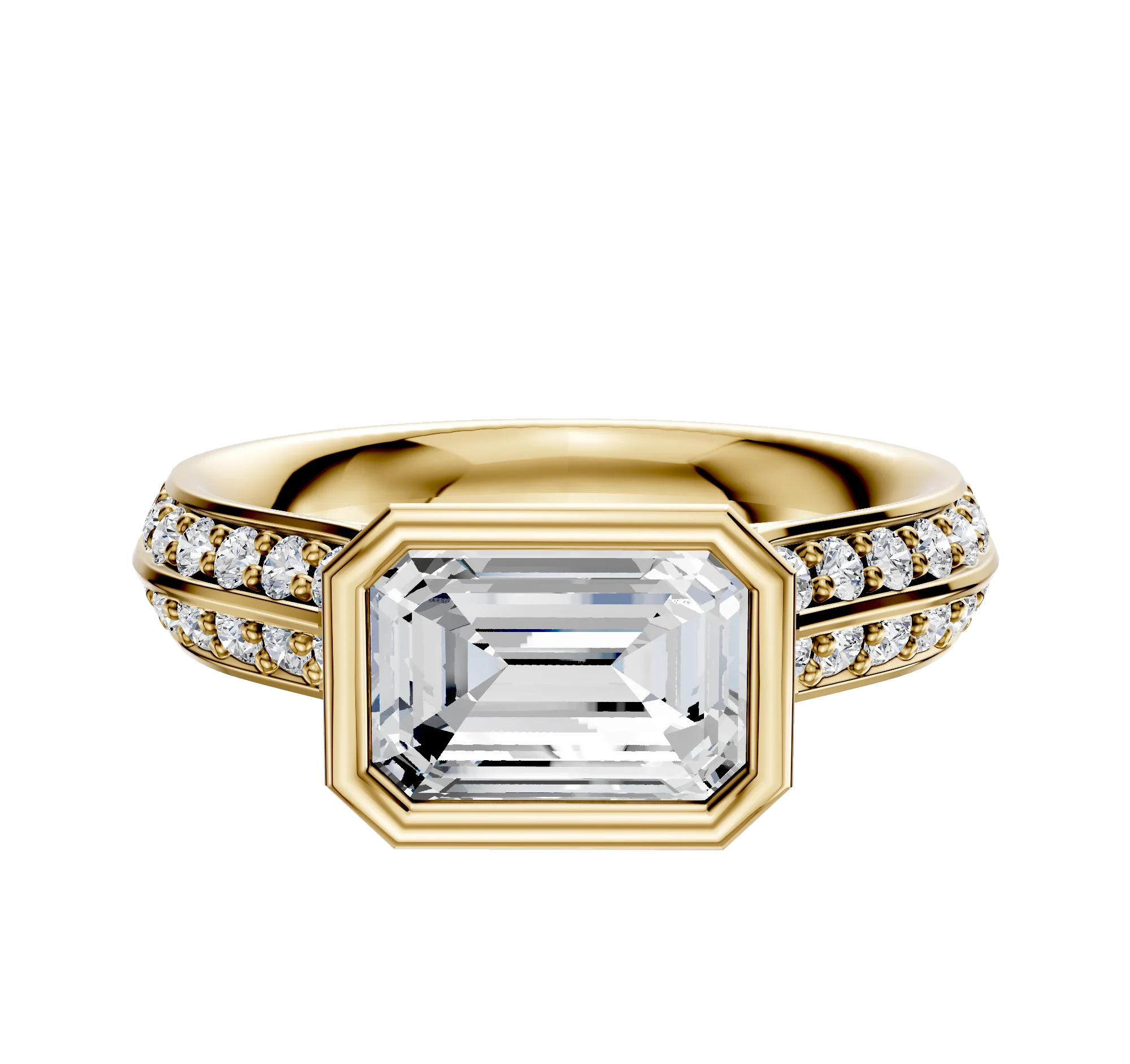 14K Yellow Gold Bezel Full Bezel East/West Cathedral Knife Edge 1-Row-Pave 2.5mm Engagement Ring