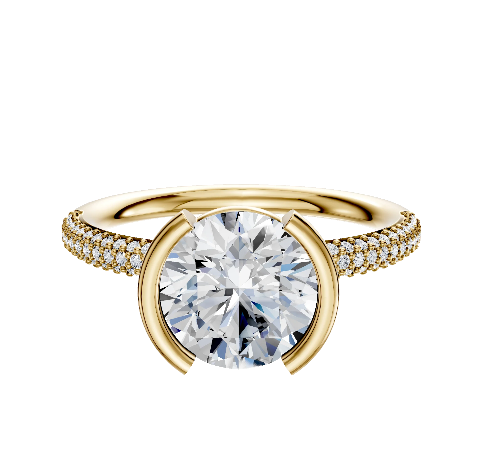 14K Yellow Gold Bezel Half Bezel North/South Classic Dome 3-Row-Pave 2.0mm Engagement Ring