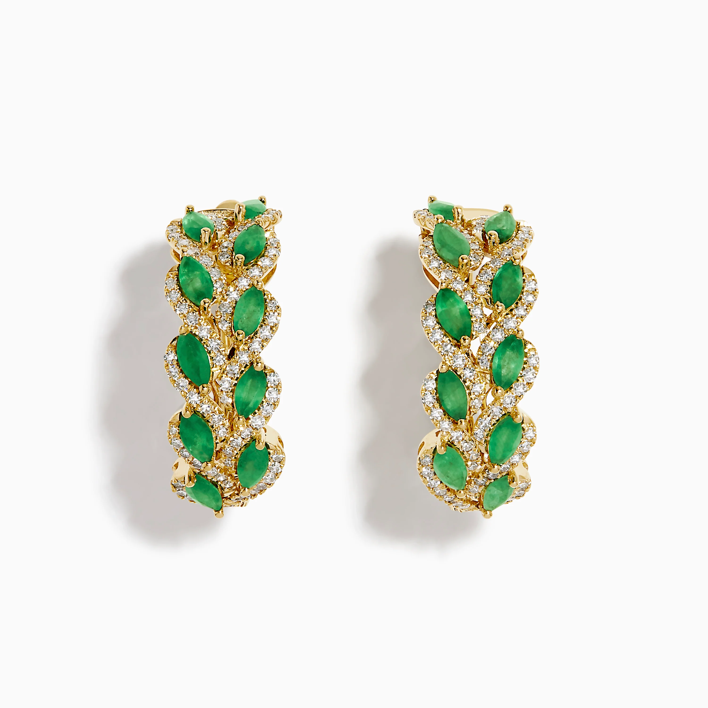 14K Yellow Gold Emerald and Diamond Marquise Leaf Hoop Earrings