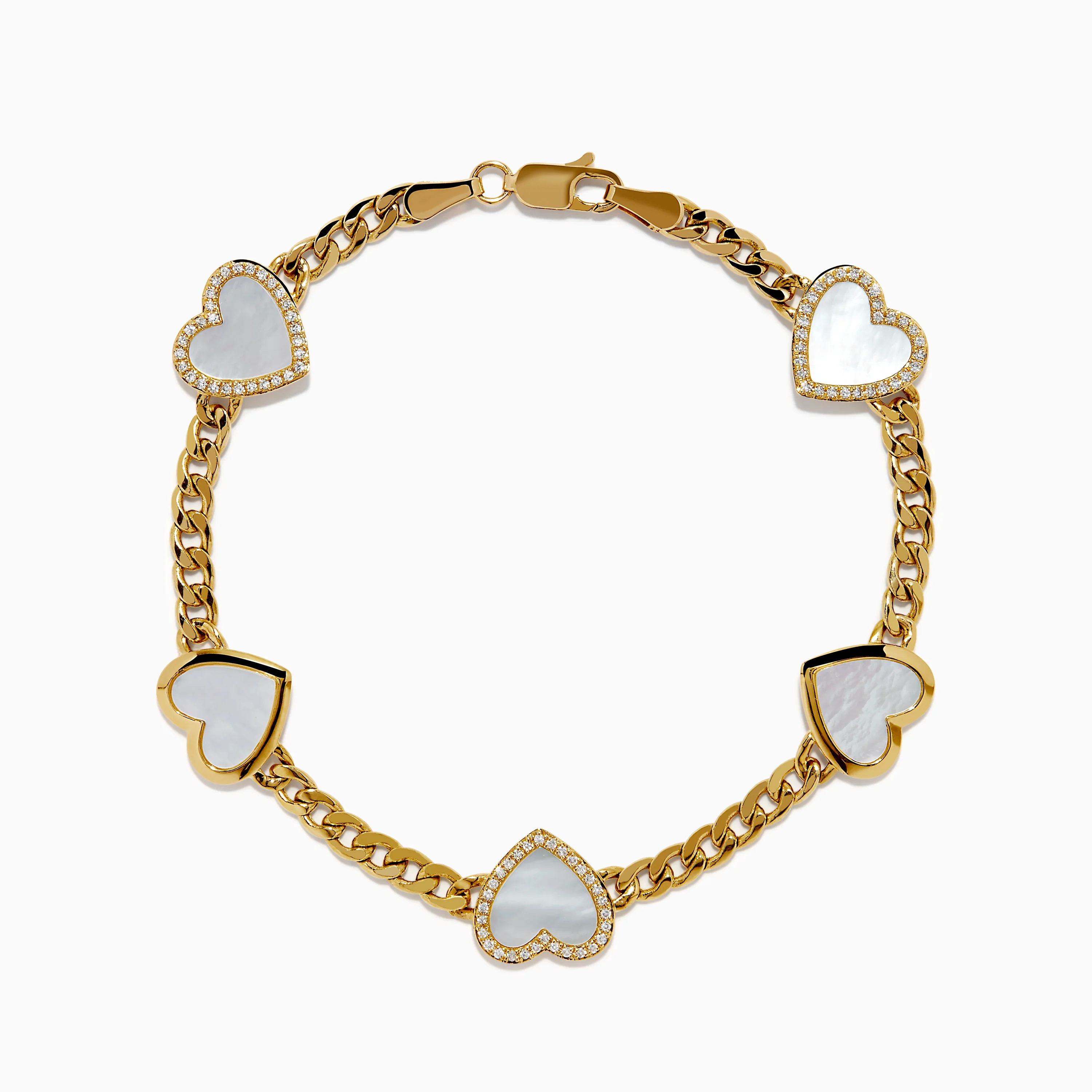 14K Yellow Gold Mother of Pearl and Diamond Heart Chain-link Station Bracelet