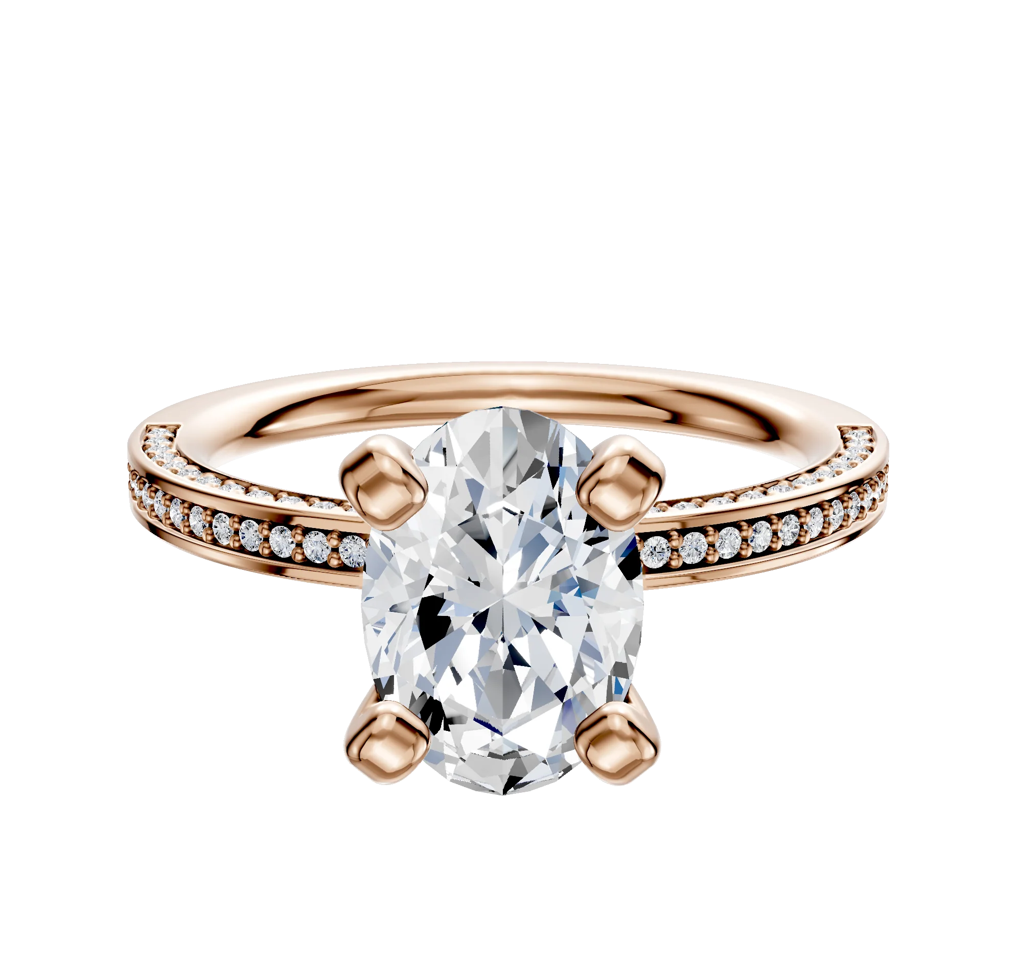 18K Rose Gold 4 Prong Classic Flat 3-Row-Pave 2.0mm Engagement Ring