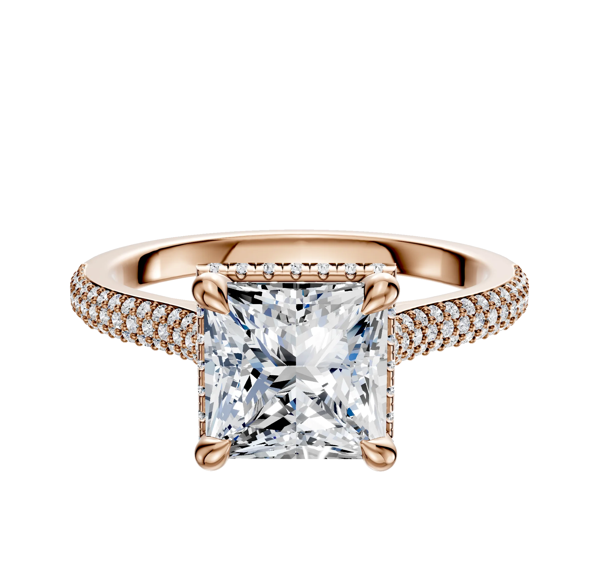 18K Rose Gold 4 Prong Collar Cathedral Dome 3-Row-Pave 2.0mm Engagement Ring