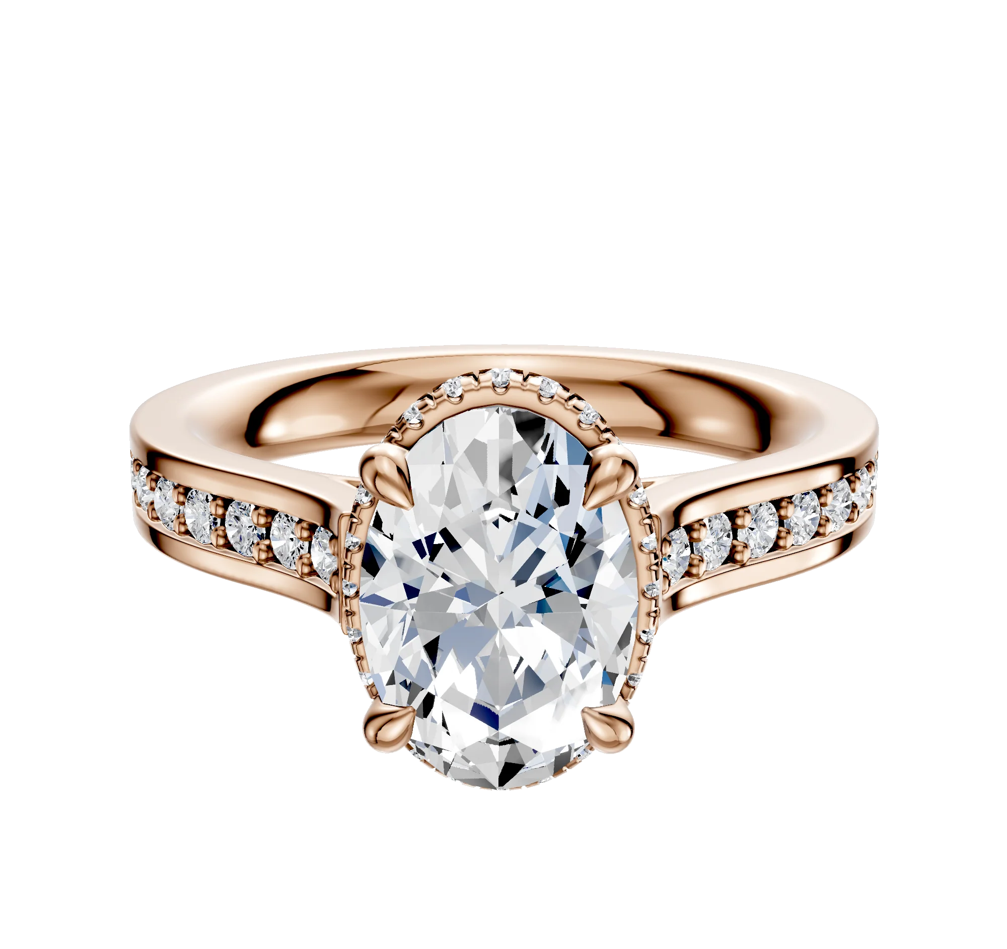18K Rose Gold 4 Prong Collar Cathedral Flat 1-Row-Pave 2.5mm Engagement Ring