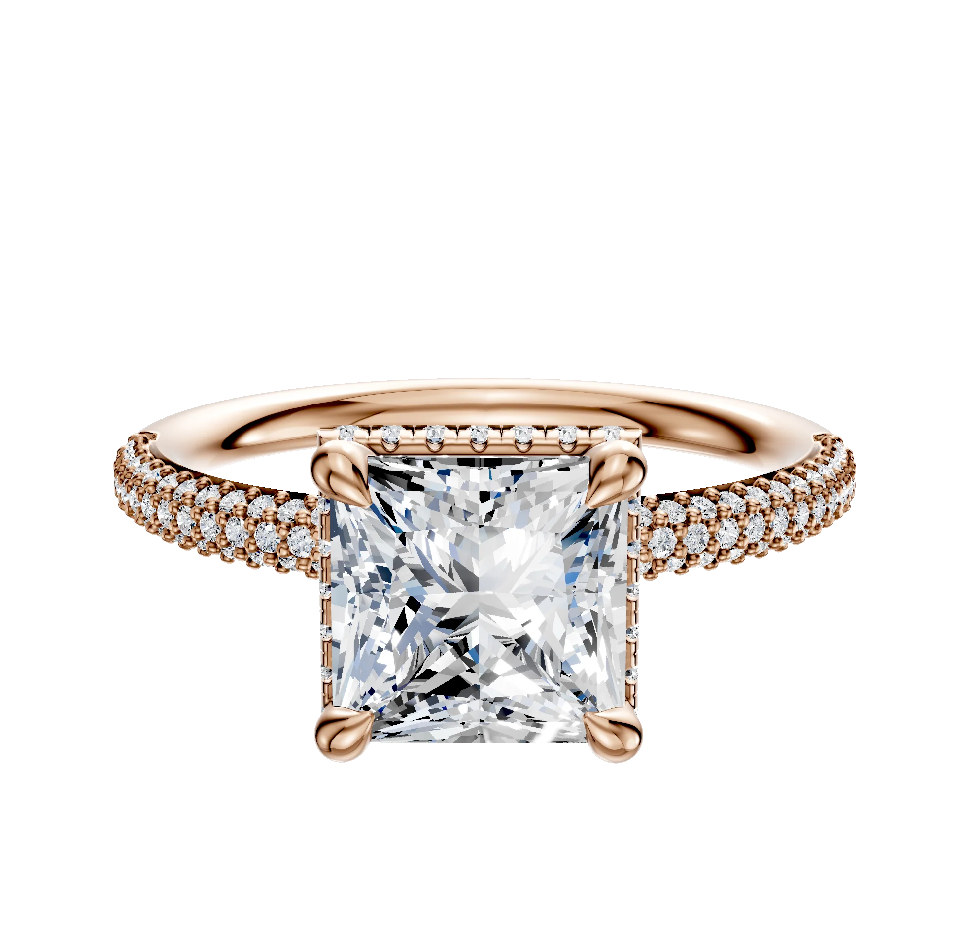 18K Rose Gold 4 Prong Collar Classic Dome 3-Row-Pave 2.0mm Engagement Ring