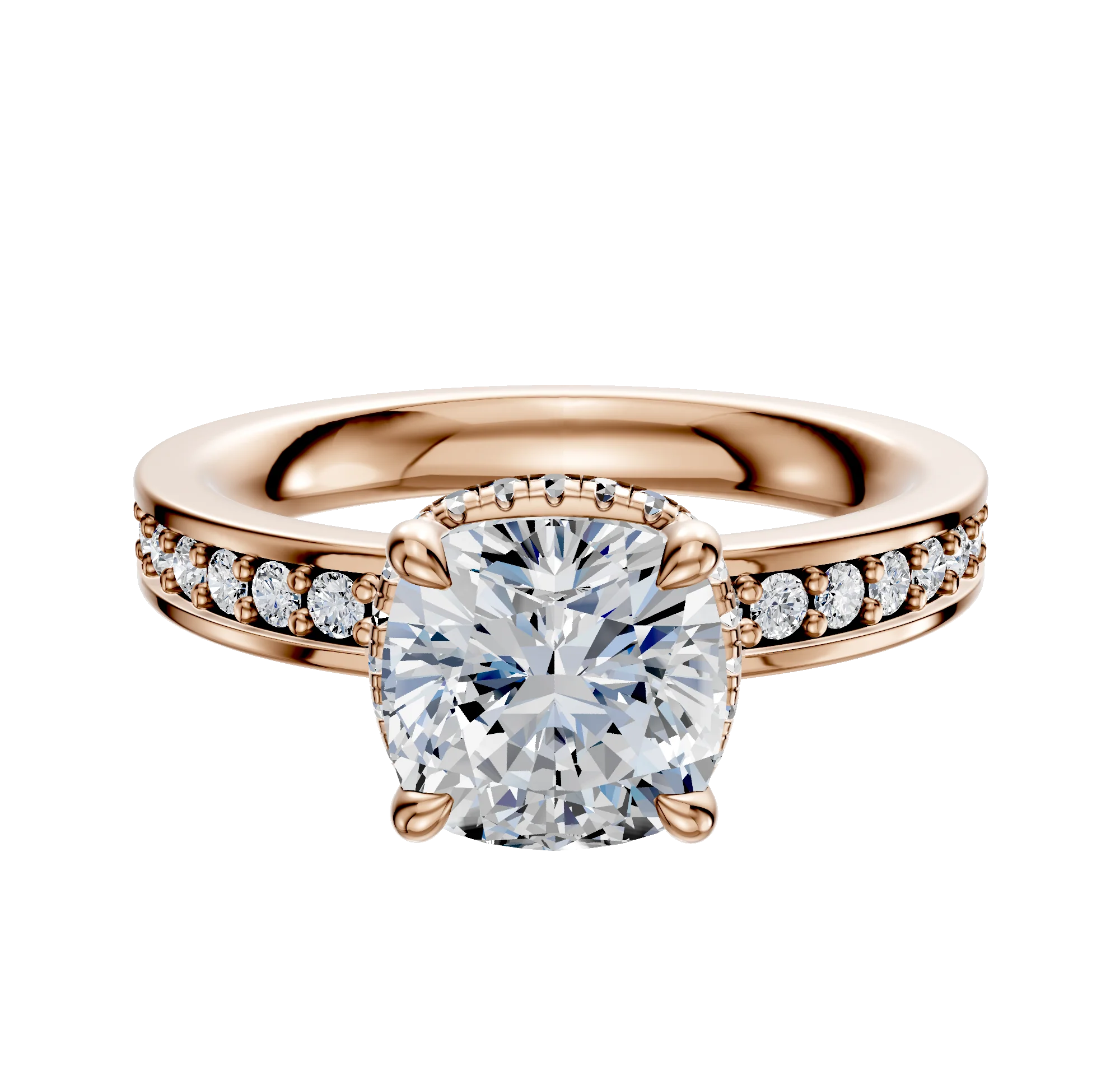 18K Rose Gold 4 Prong Collar Classic Flat 1-Row-Pave 2.5mm Engagement Ring