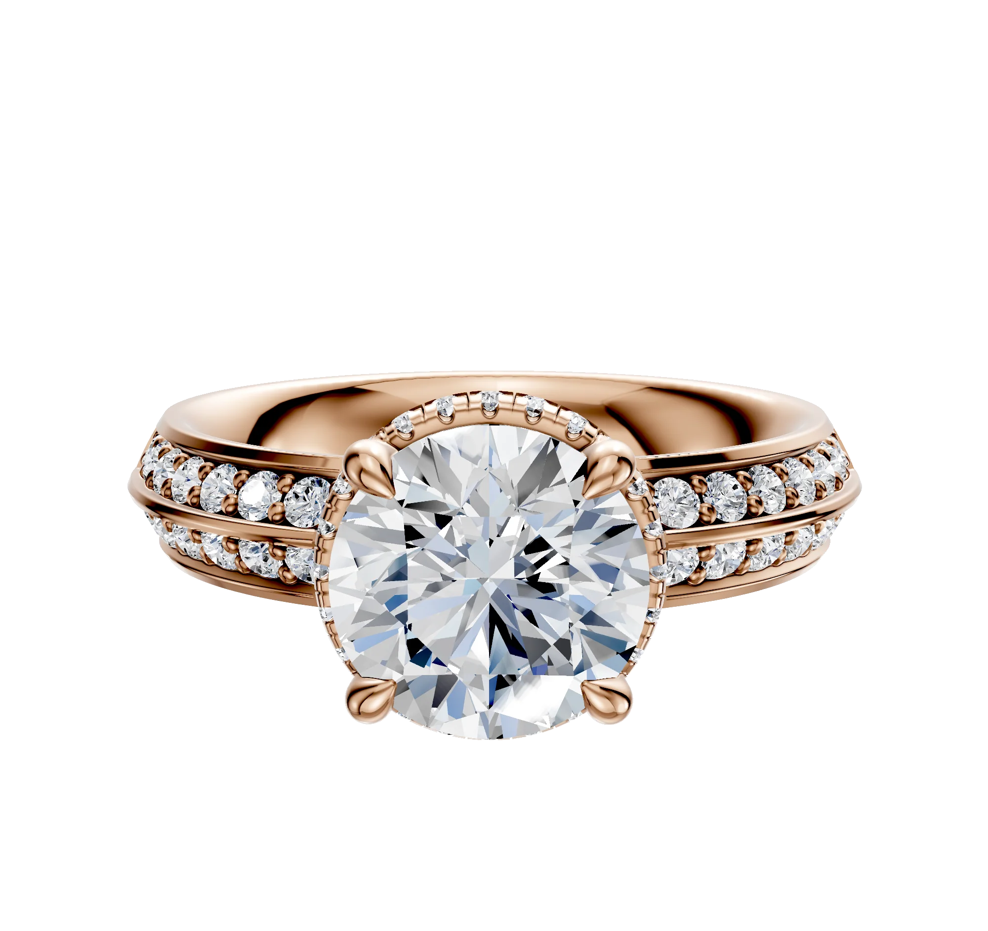 18K Rose Gold 4 Prong Collar Classic Knife Edge 1-Row-Pave 2.5mm Engagement Ring