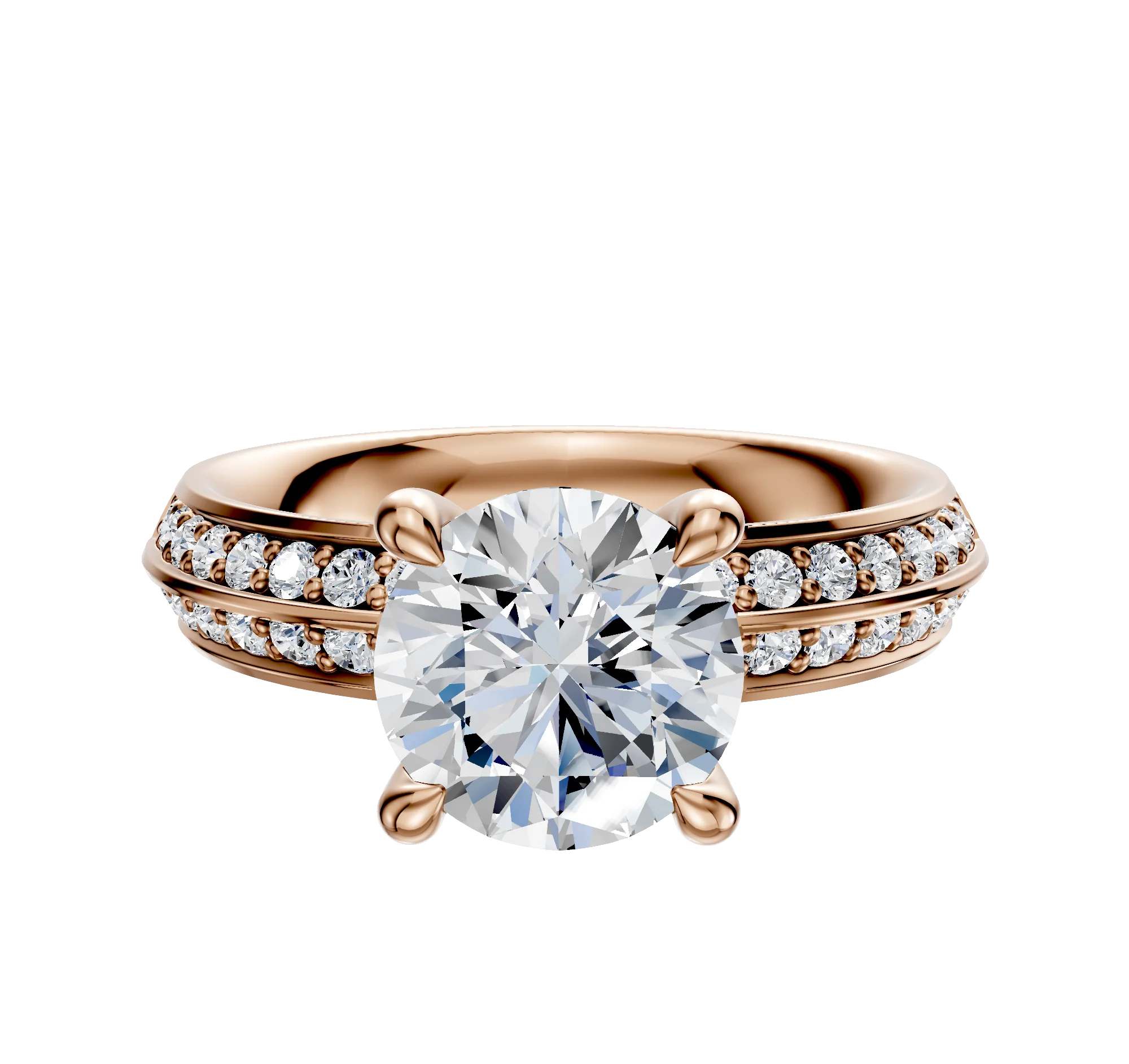 18K Rose Gold 4 Prong Hidden Halo Classic Knife Edge 1-Row-Pave 2.5mm Engagement Ring