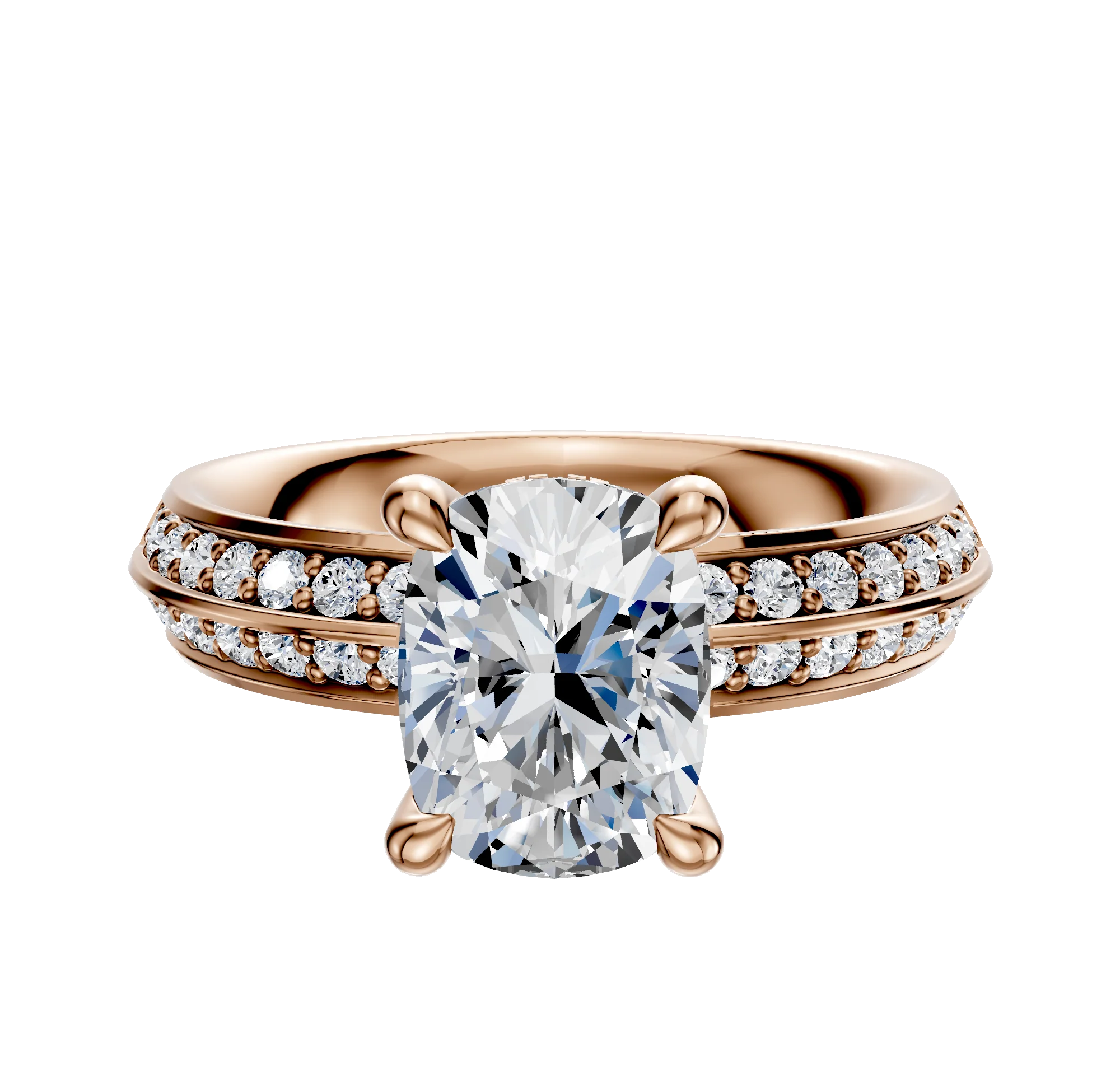 18K Rose Gold 4 Prong Hidden Halo Classic Knife Edge 1-Row-Pave 2.5mm Engagement Ring