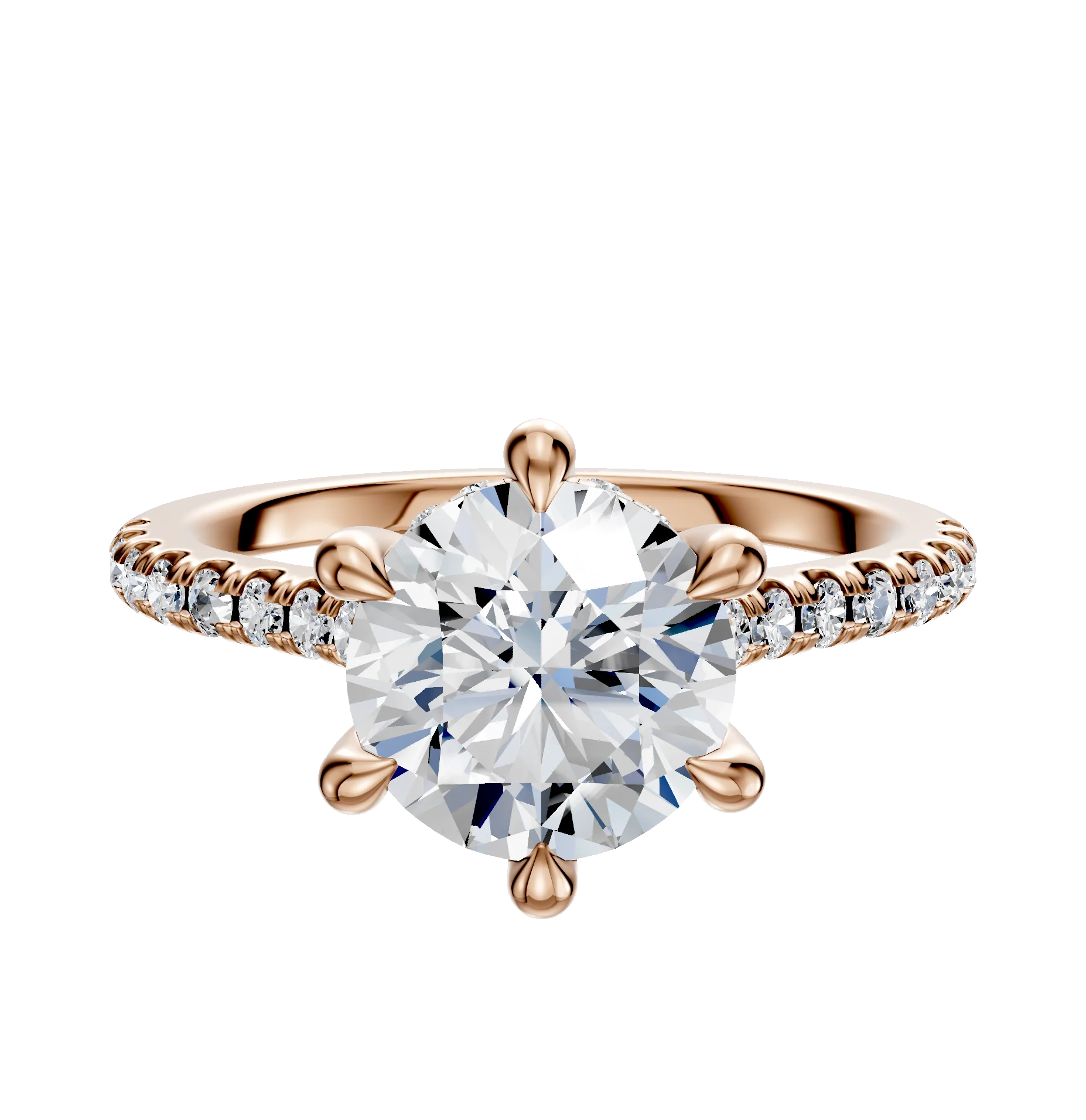 18K Rose Gold 6 Prong Hidden Halo Cathedral Dome 1-Row-Pave 2.5mm Engagement Ring
