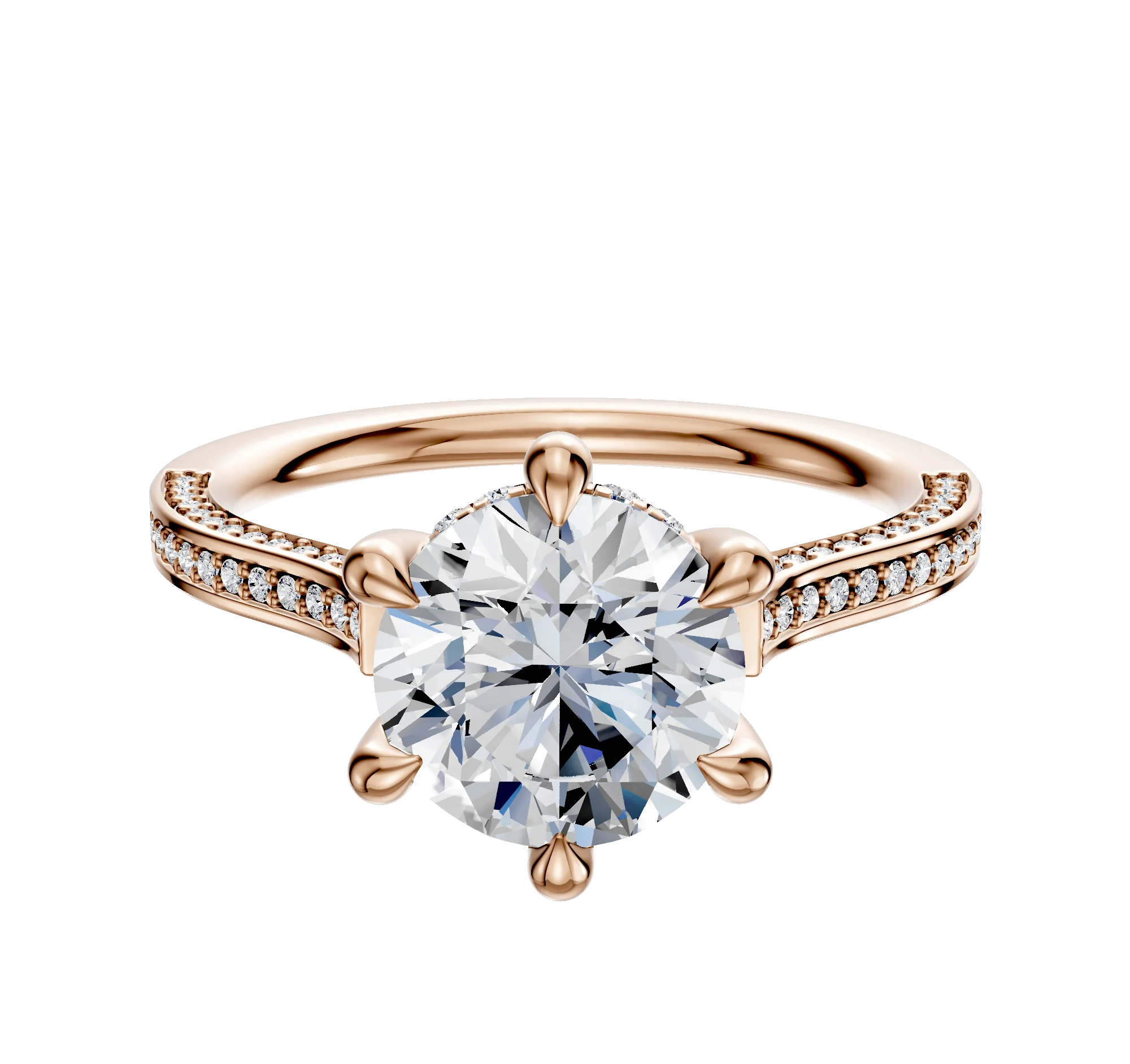 18K Rose Gold 6 Prong Hidden Halo Cathedral Flat 3-Row-Pave 2.0mm Engagement Ring