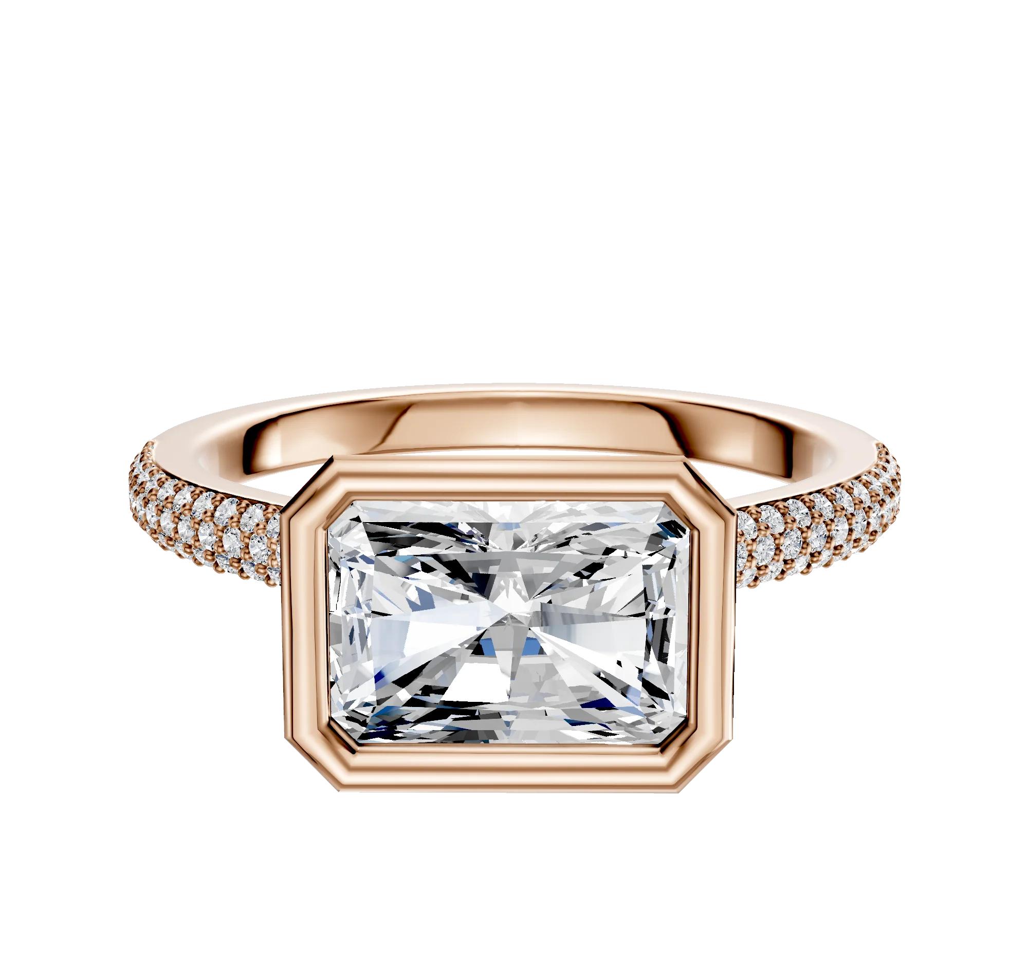 18K Rose Gold Bezel Full Bezel East/West Cathedral Dome 3-Row-Pave 2.0mm Engagement Ring
