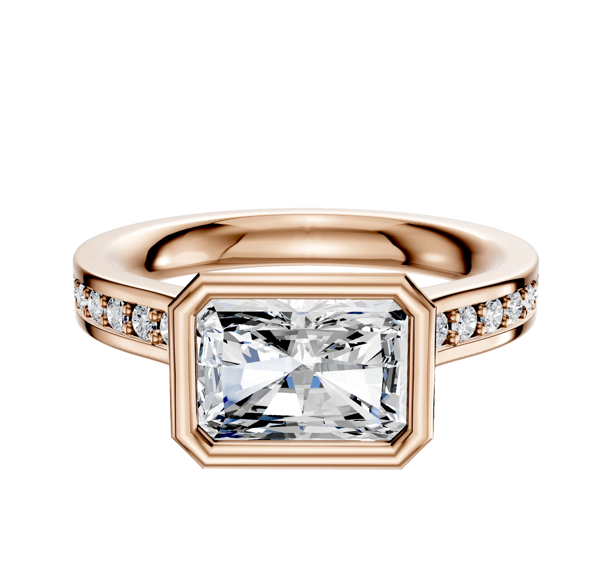 18K Rose Gold Bezel Full Bezel East/West Cathedral Flat 1-Row-Pave 2.5mm Engagement Ring