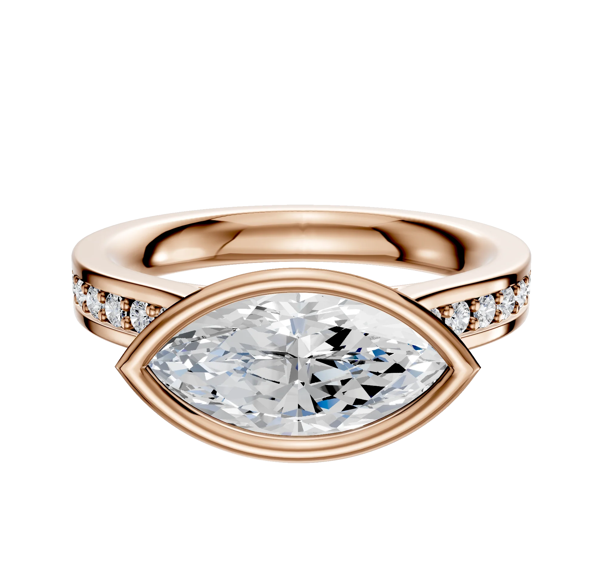 18K Rose Gold Bezel Full Bezel East/West Cathedral Flat 1-Row-Pave 2.5mm Engagement Ring