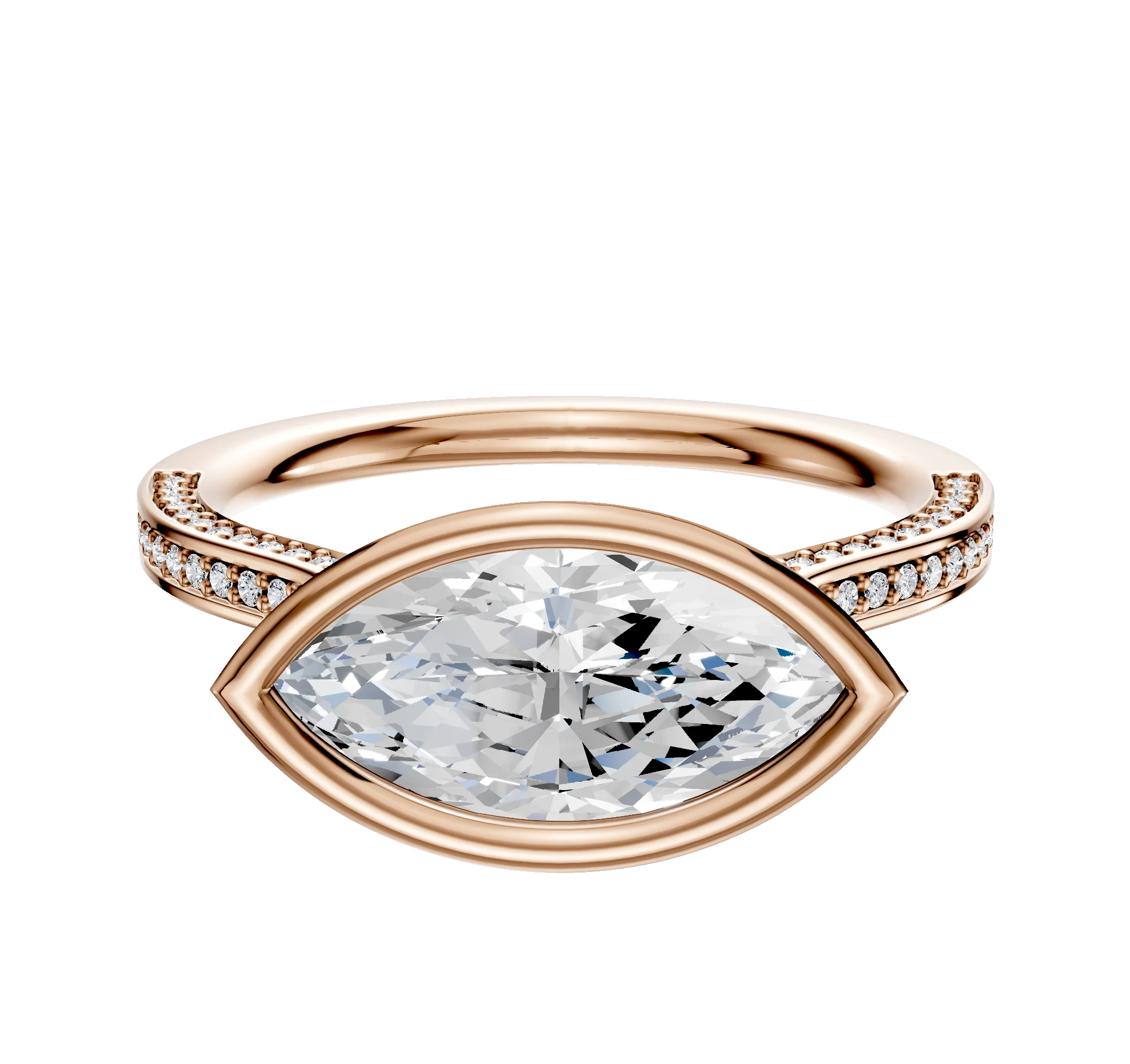 18K Rose Gold Bezel Full Bezel East/West Cathedral Flat 3-Row-Pave 2.0mm Engagement Ring
