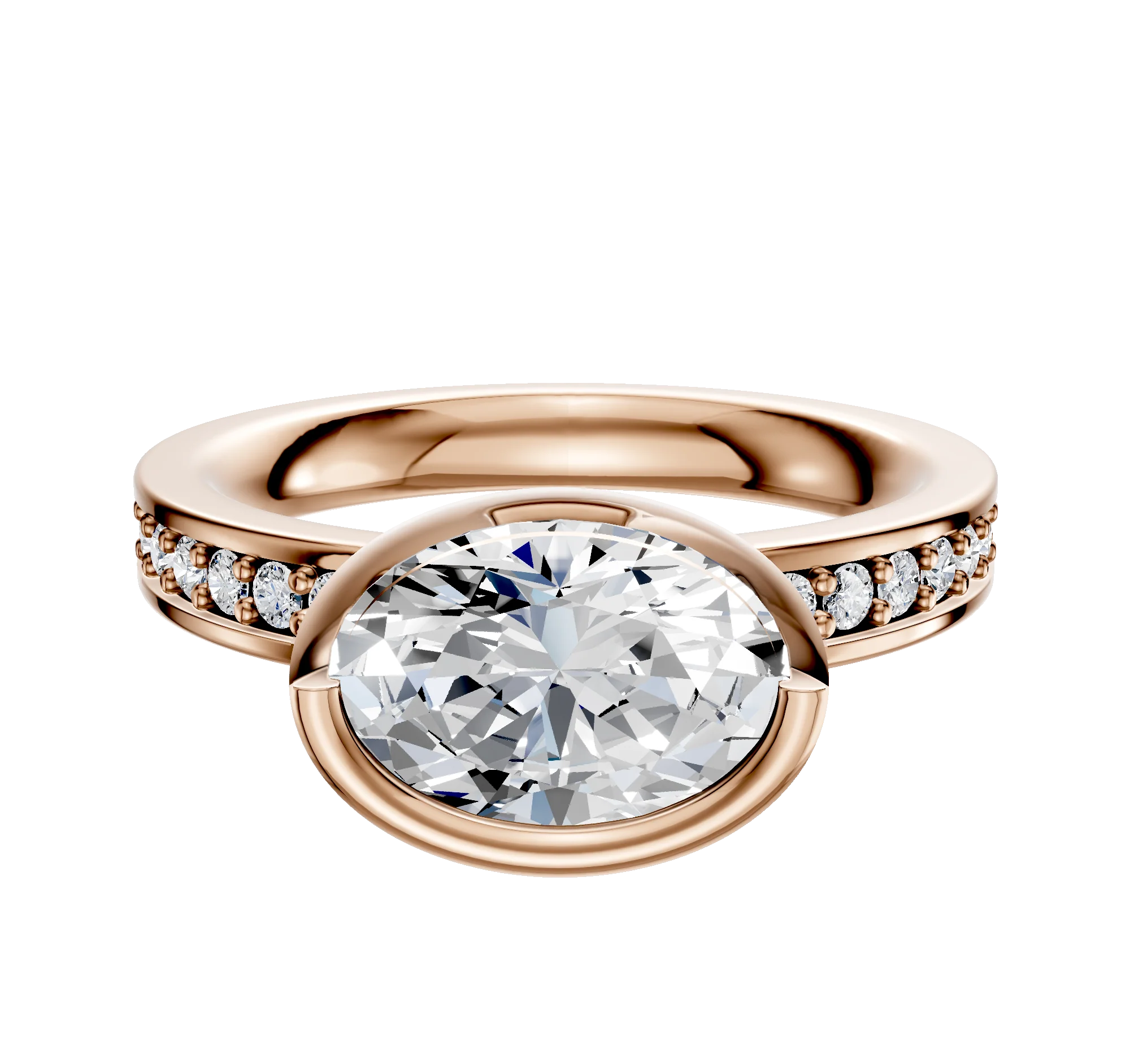 18K Rose Gold Bezel Full Bezel East/West Classic Flat 1-Row-Pave 2.5mm Engagement Ring