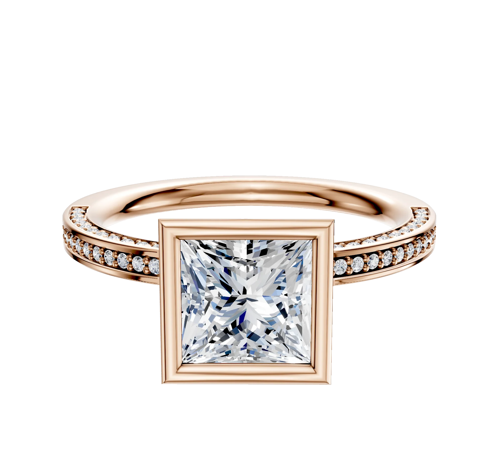 18K Rose Gold Bezel Full Bezel North/South Classic Flat 3-Row-Pave 2.0mm Engagement Ring