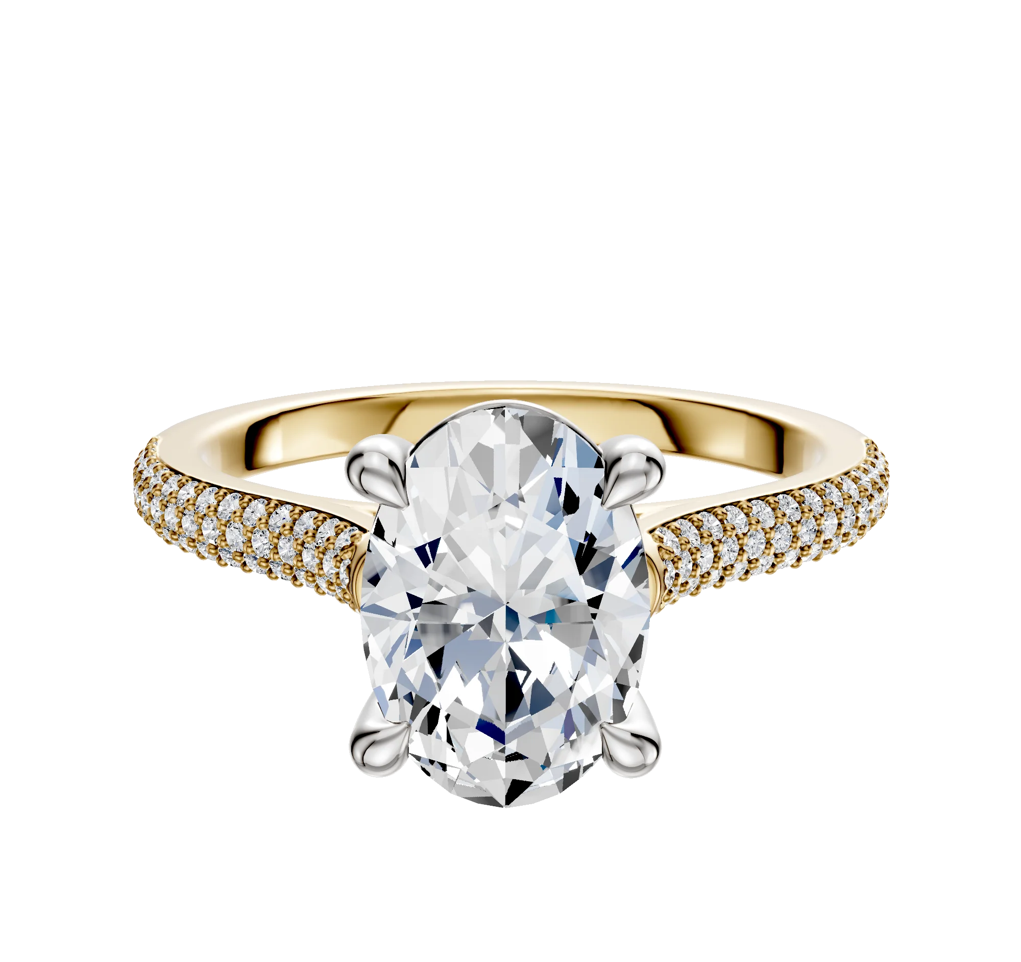 18K Two Tone 4 Prong Basket Cathedral Dome 3-Row-Pave 2.0mm Engagement Ring