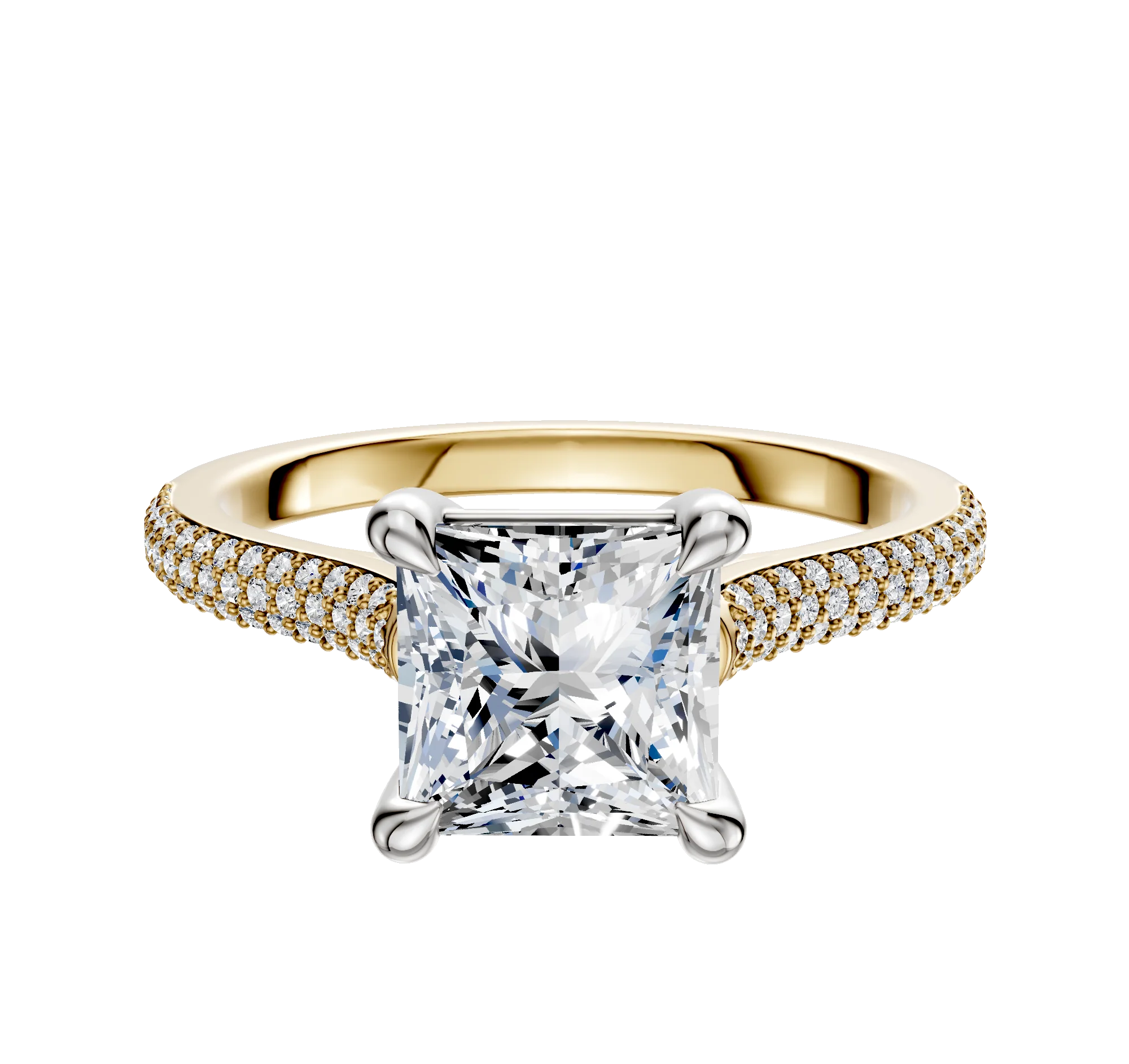 18K Two Tone 4 Prong Basket Cathedral Dome 3-Row-Pave 2.0mm Engagement Ring