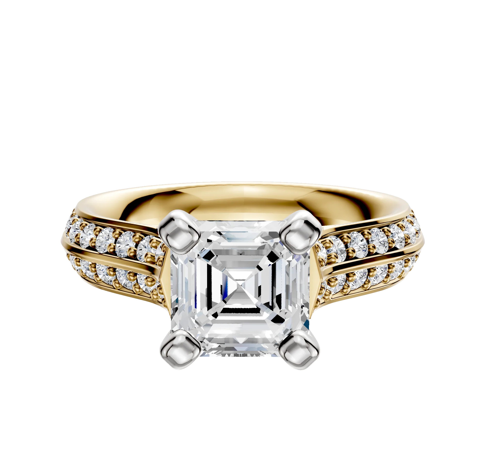 18K Two Tone 4 Prong Cathedral Knife Edge 1-Row-Pave 2.5mm Engagement Ring