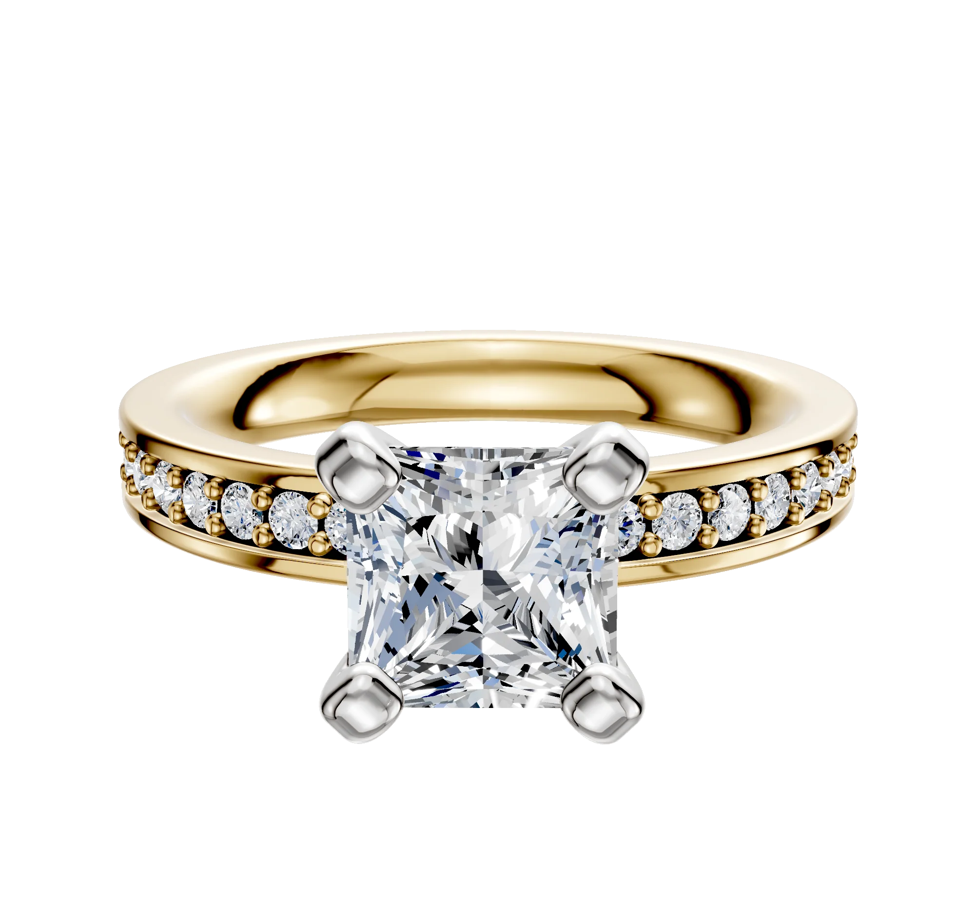 18K Two Tone 4 Prong Classic Flat 1-Row-Pave 2.5mm Engagement Ring