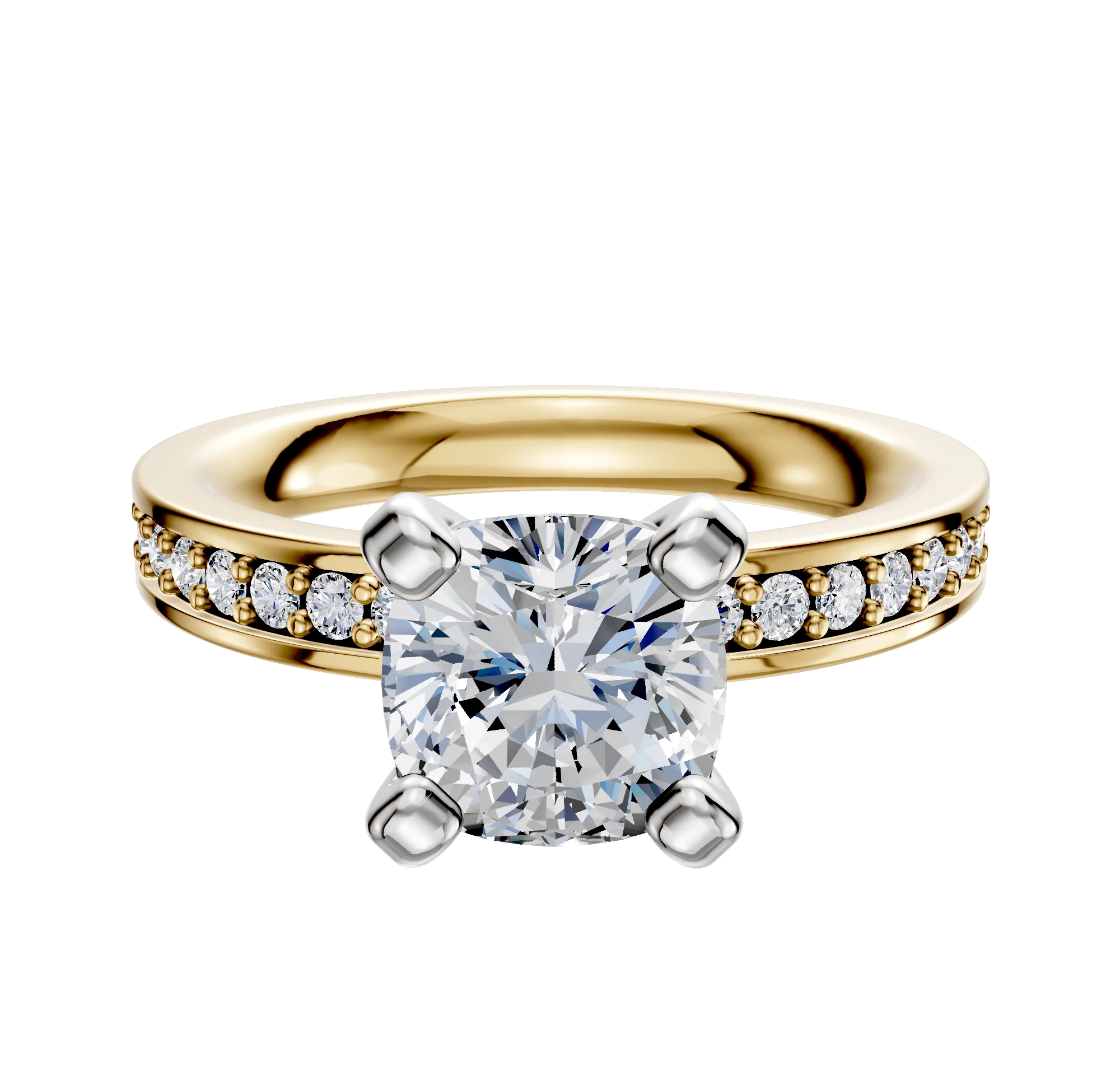 18K Two Tone 4 Prong Classic Flat 1-Row-Pave 2.5mm Engagement Ring