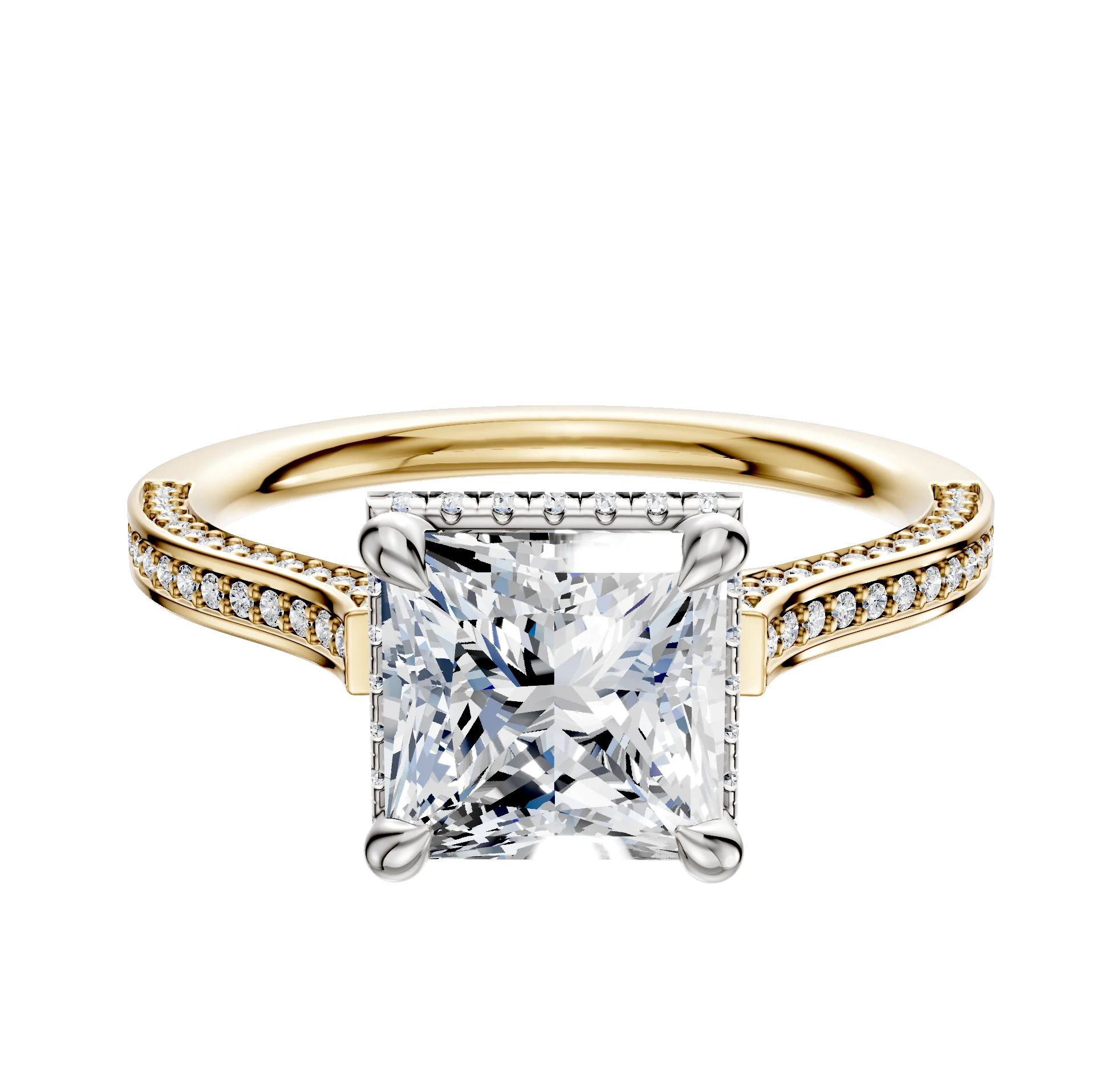 18K Two Tone 4 Prong Collar Cathedral Flat 3-Row-Pave 2.0mm Engagement Ring