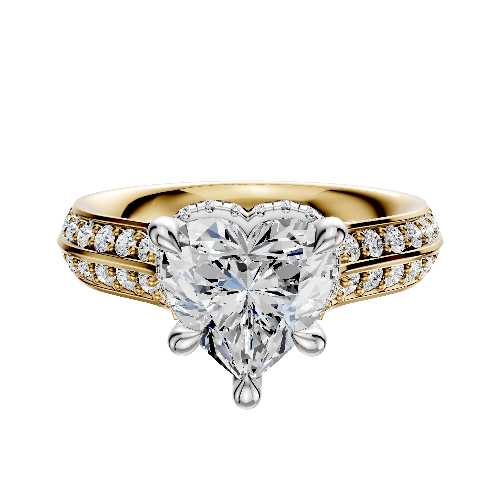 18K Two Tone 4 Prong Collar Cathedral Knife Edge 1-Row-Pave 2.5mm Engagement Ring