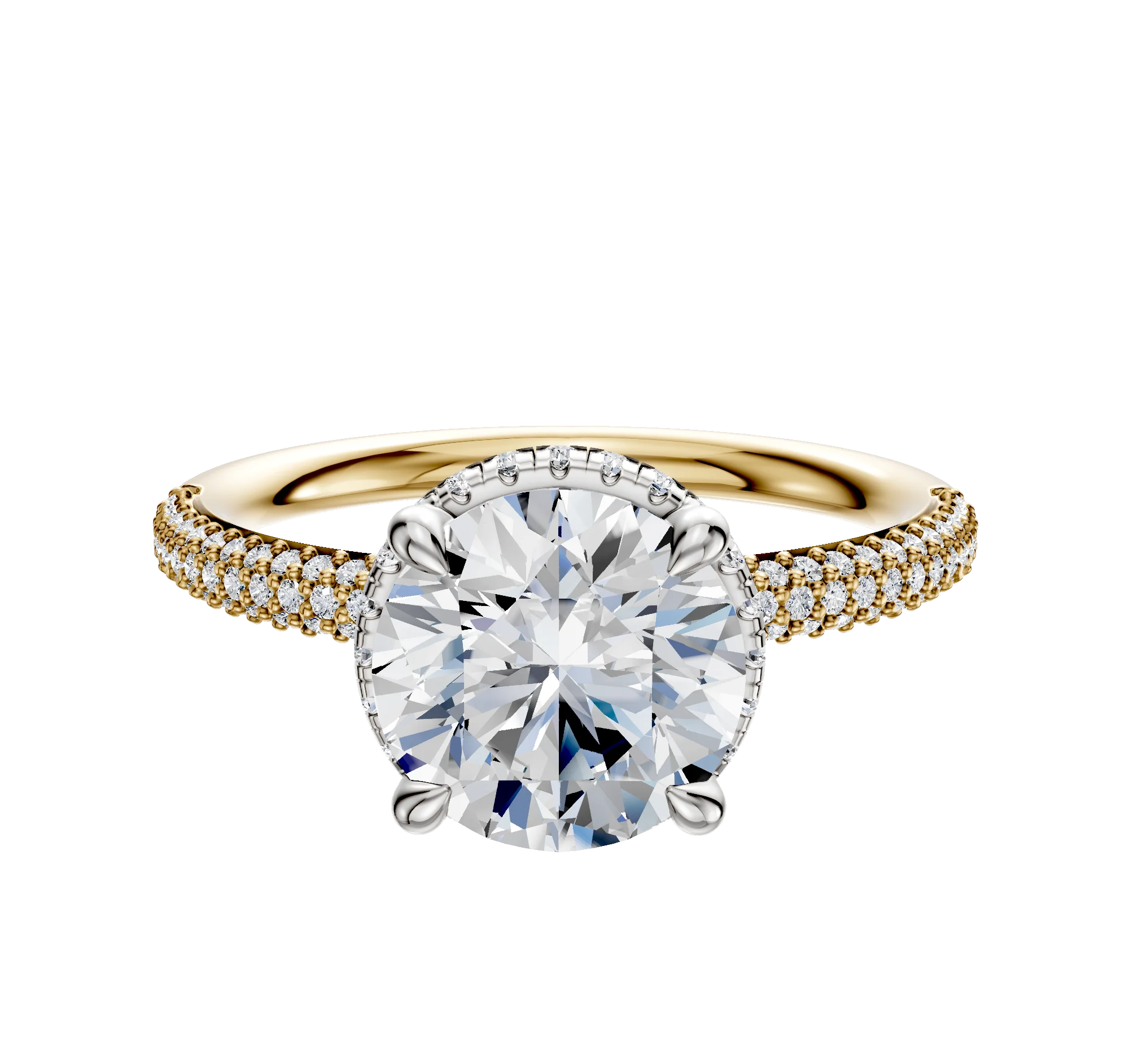18K Two Tone 4 Prong Collar Classic Dome 3-Row-Pave 2.0mm Engagement Ring