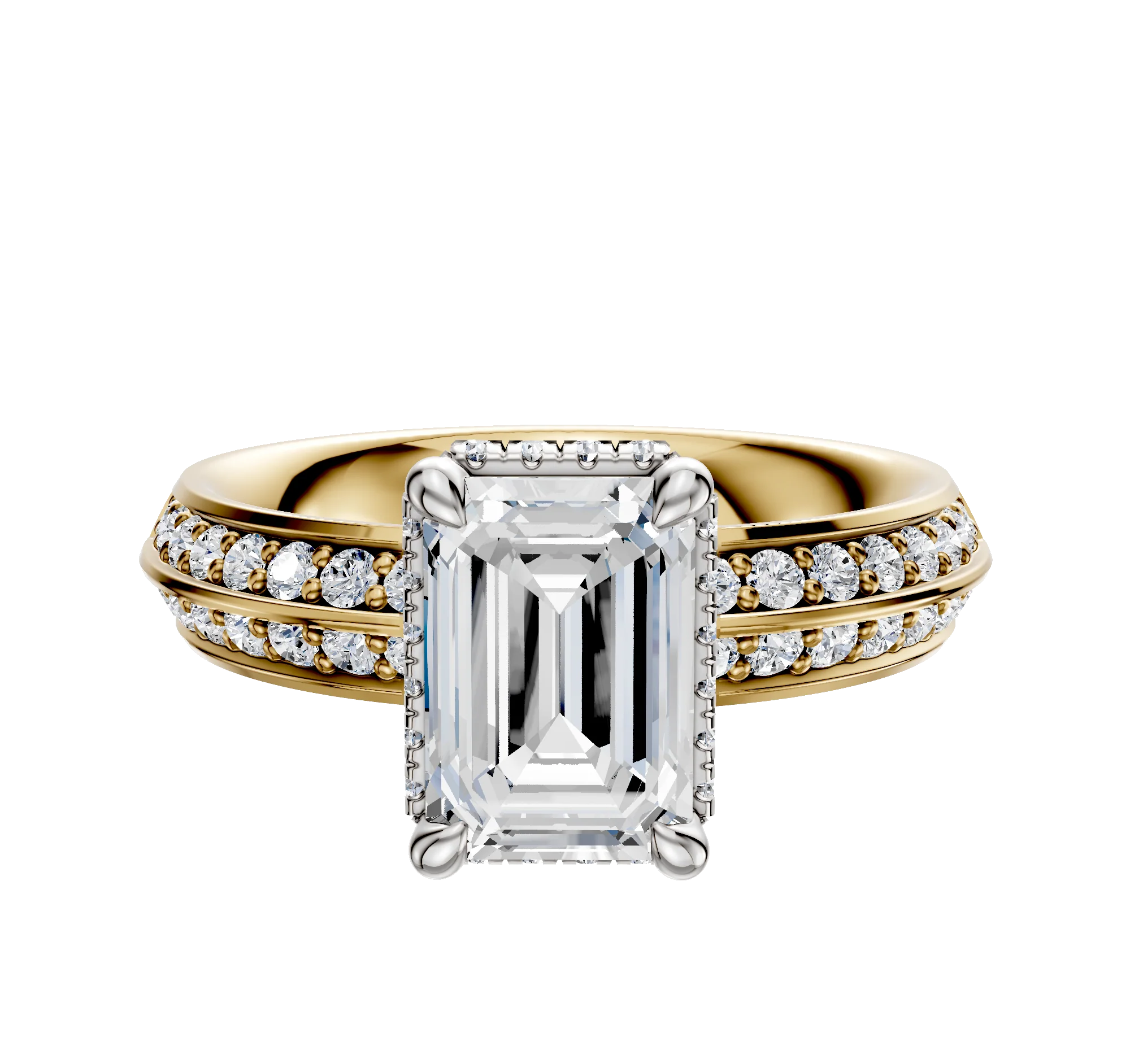 18K Two Tone 4 Prong Collar Classic Knife Edge 1-Row-Pave 2.5mm Engagement Ring