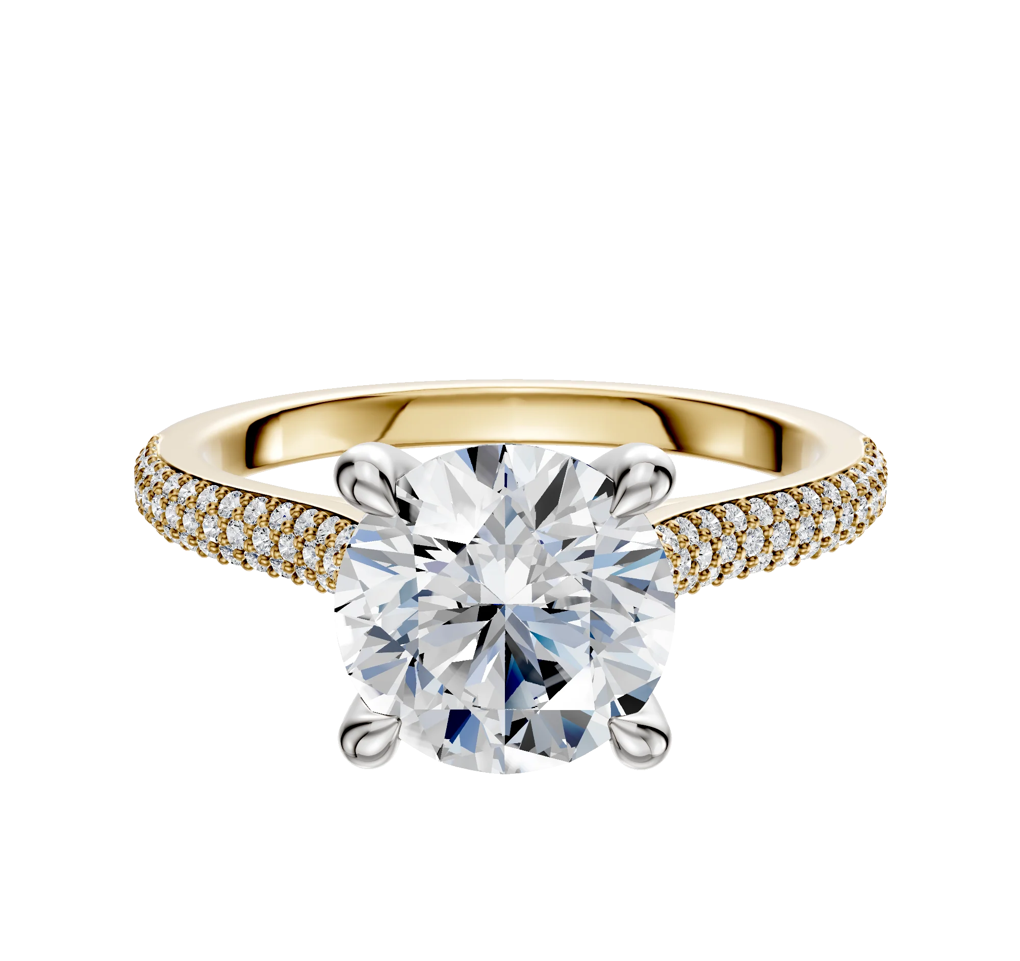 18K Two Tone 4 Prong Hidden Halo Cathedral Dome 3-Row-Pave 2.0mm Engagement Ring