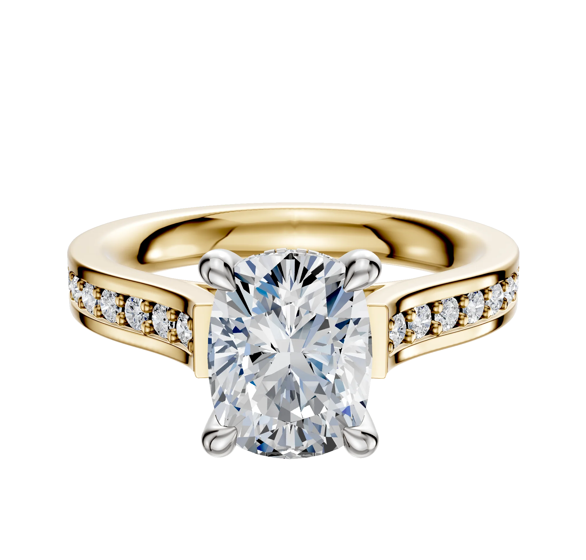18K Two Tone 4 Prong Hidden Halo Cathedral Flat 1-Row-Pave 2.5mm Engagement Ring