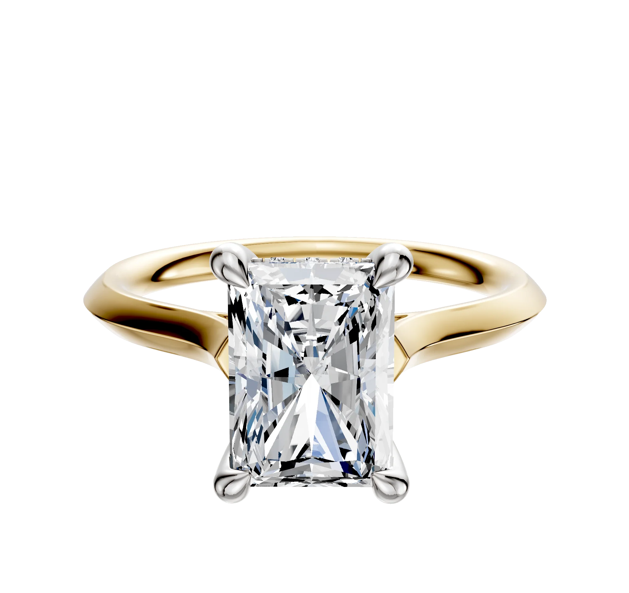 18K Two Tone 4 Prong Hidden Halo Cathedral Knife Edge 2.0mm Engagement Ring
