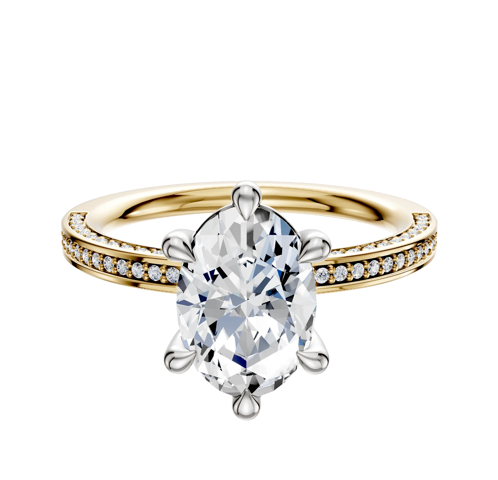 18K Two Tone 6 Prong Basket Classic Flat 3-Row-Pave 2.0mm Engagement Ring