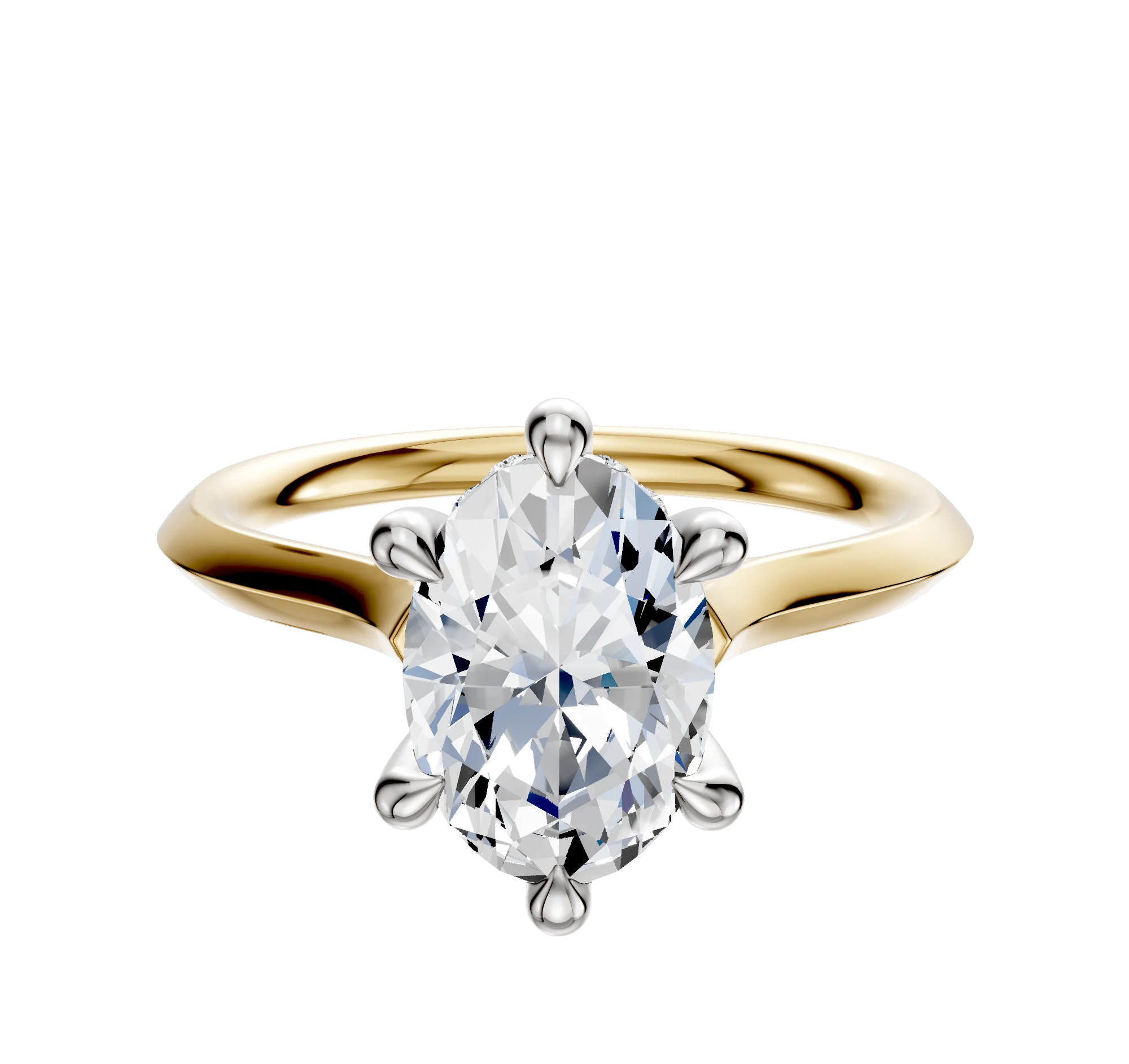 18K Two Tone 6 Prong Hidden Halo Cathedral Knife Edge 2.0mm Engagement Ring