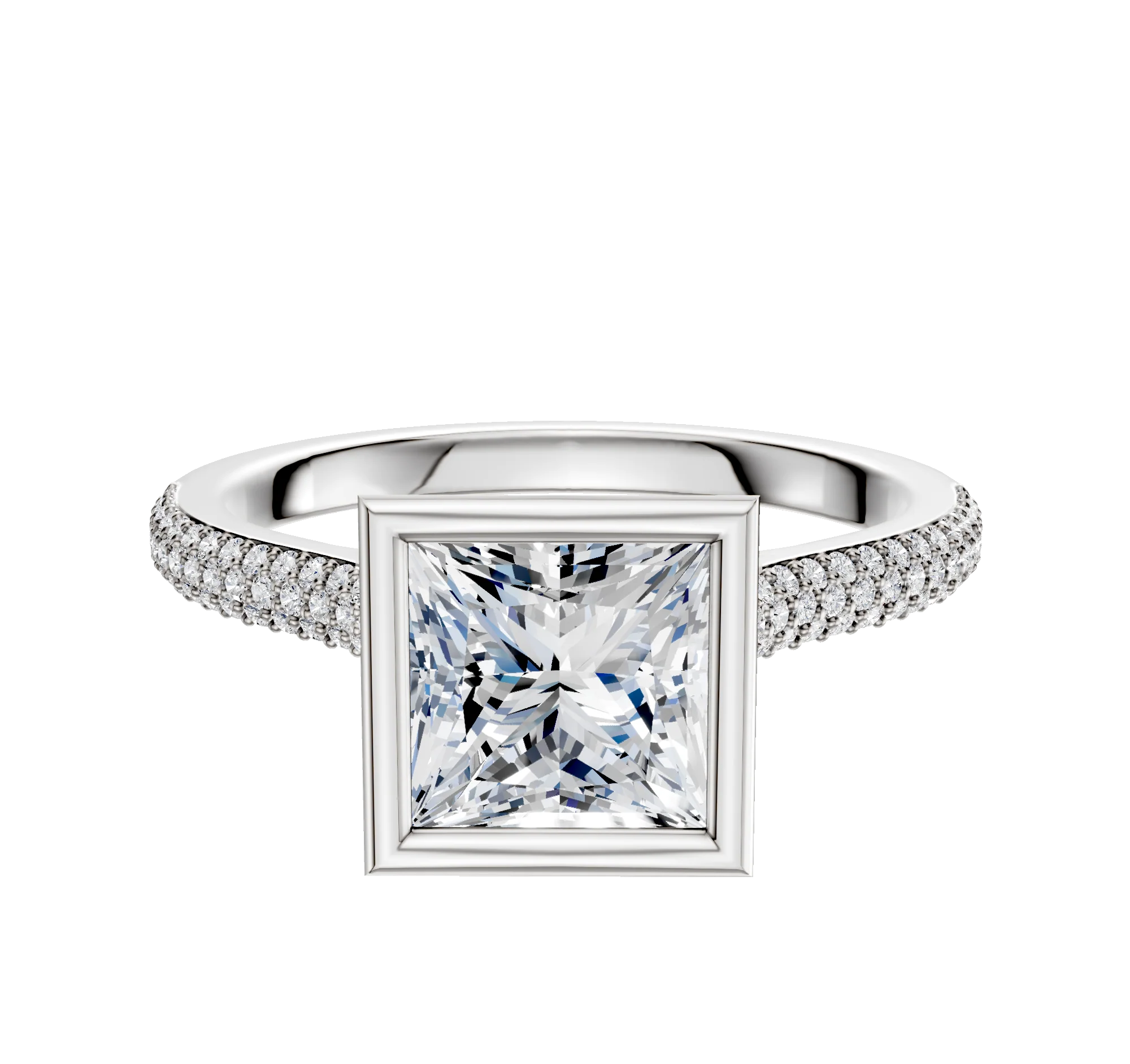 18K Two Tone Bezel Full Bezel North/South Cathedral Dome 3-Row-Pave 2.0mm Engagement Ring