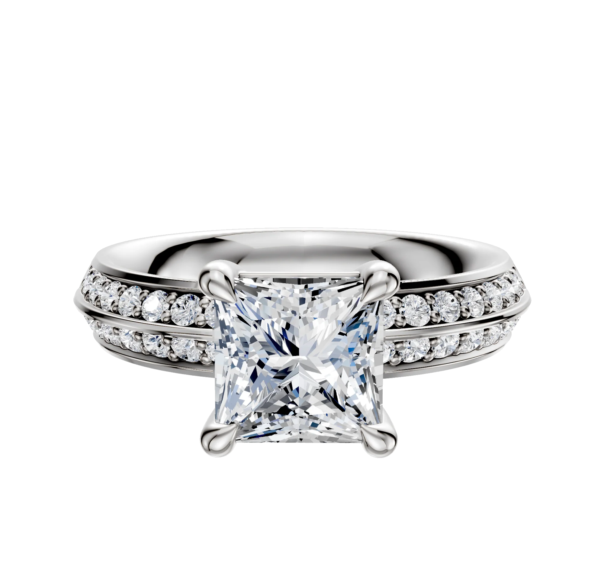 18K White Gold 4 Prong Basket Classic Knife Edge 1-Row-Pave 2.5mm Engagement Ring