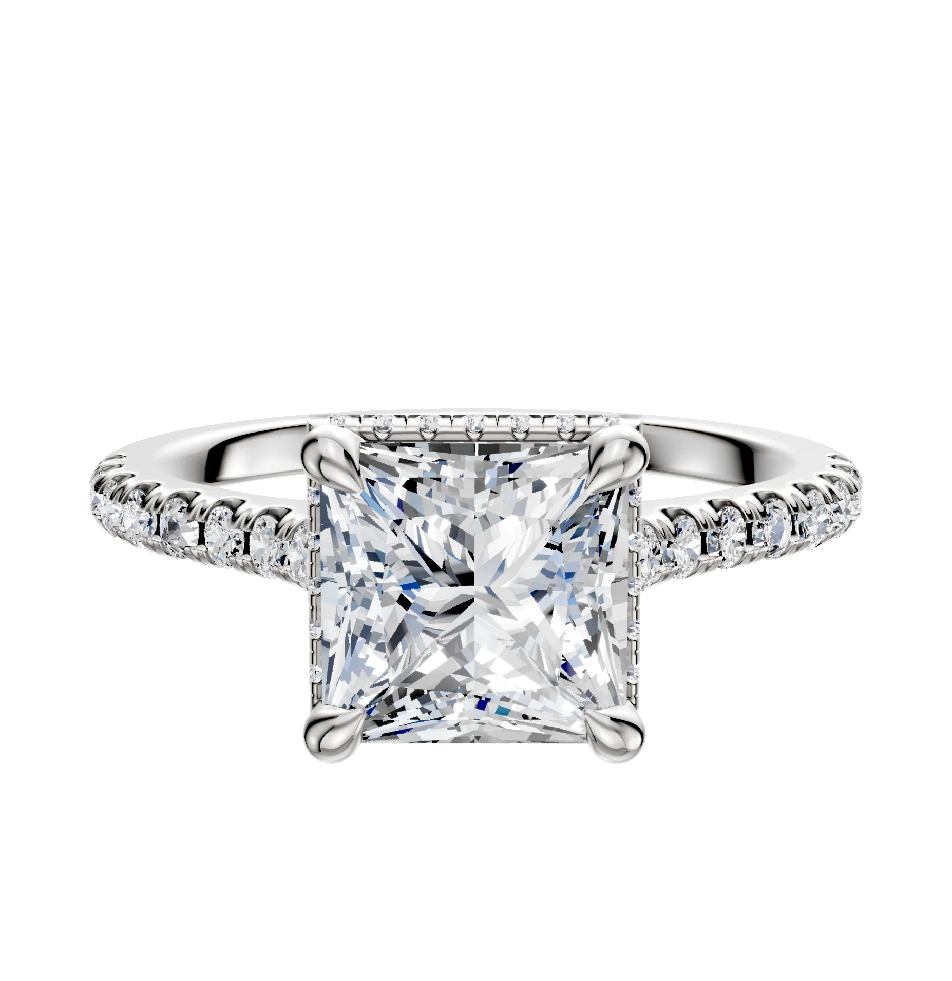 18K White Gold 4 Prong Collar Cathedral Dome 1-Row-Pave 2.5mm Engagement Ring