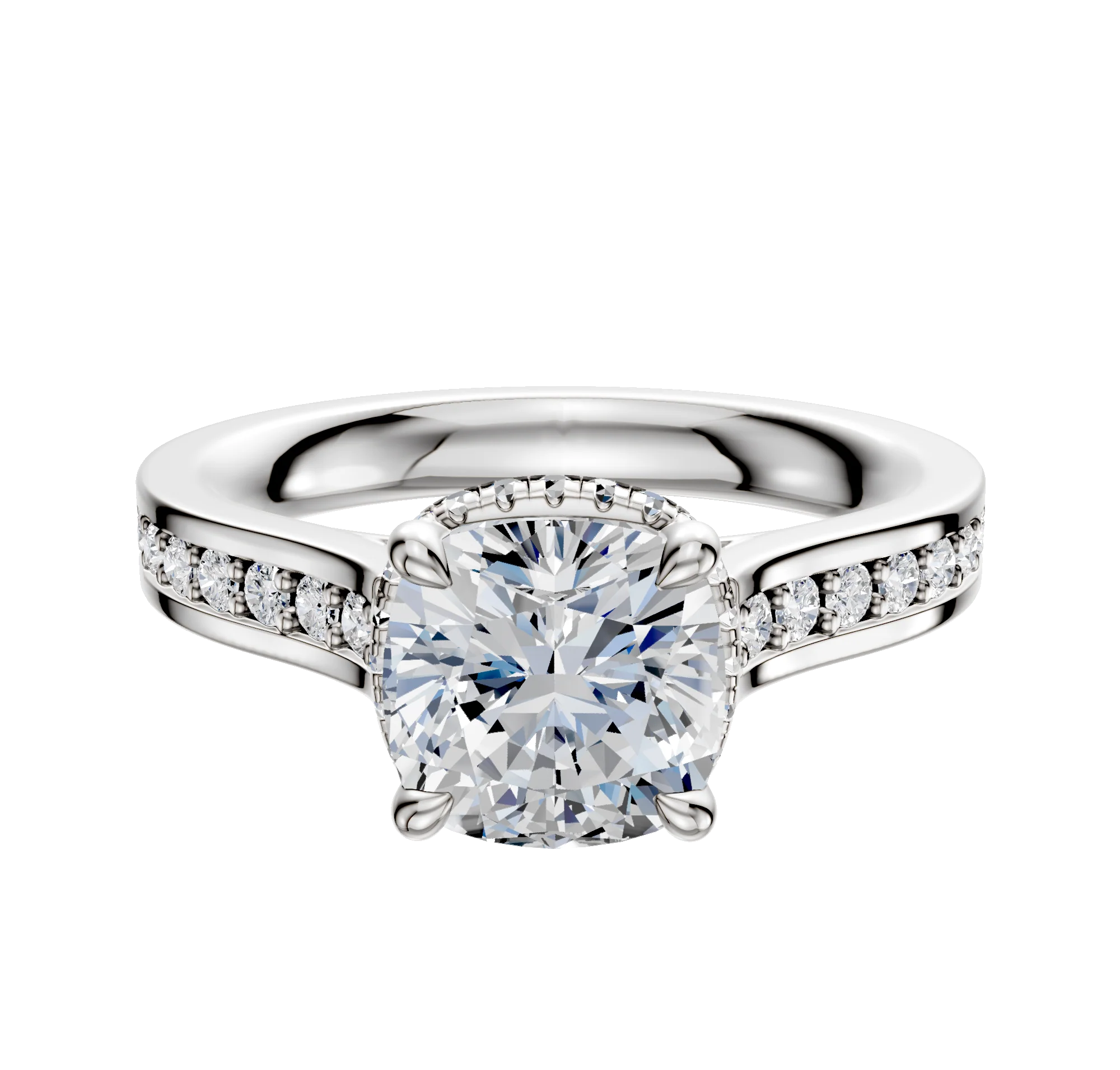 18K White Gold 4 Prong Collar Cathedral Flat 1-Row-Pave 2.5mm Engagement Ring