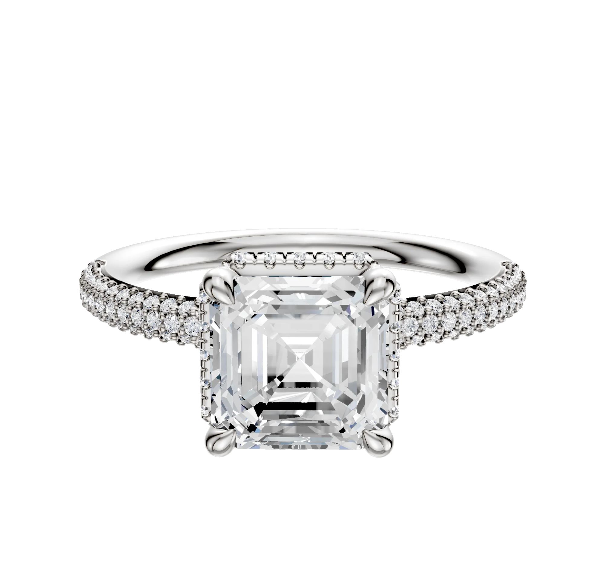18K White Gold 4 Prong Collar Classic Dome 3-Row-Pave 2.0mm Engagement Ring