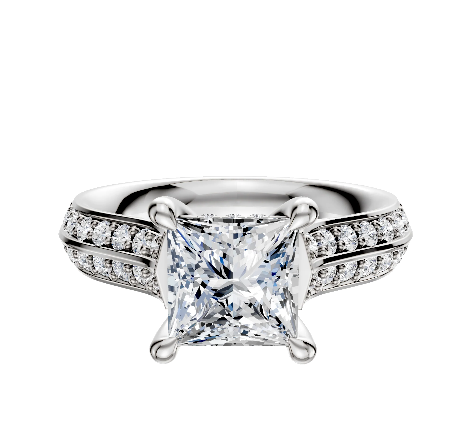 18K White Gold 4 Prong Hidden Halo Cathedral Knife Edge 1-Row-Pave 2.5mm Engagement Ring