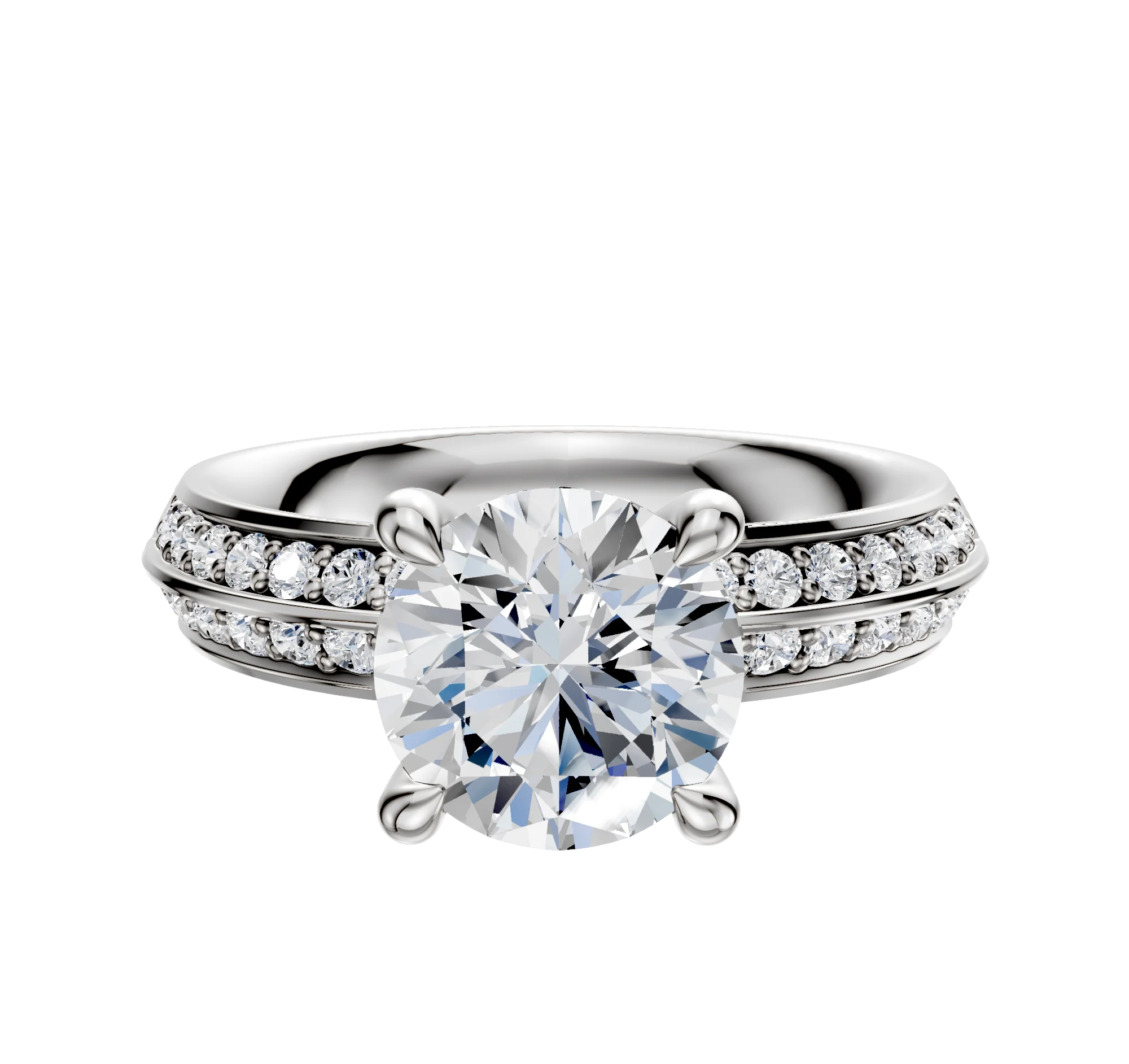 18K White Gold 4 Prong Hidden Halo Classic Knife Edge 1-Row-Pave 2.5mm Engagement Ring