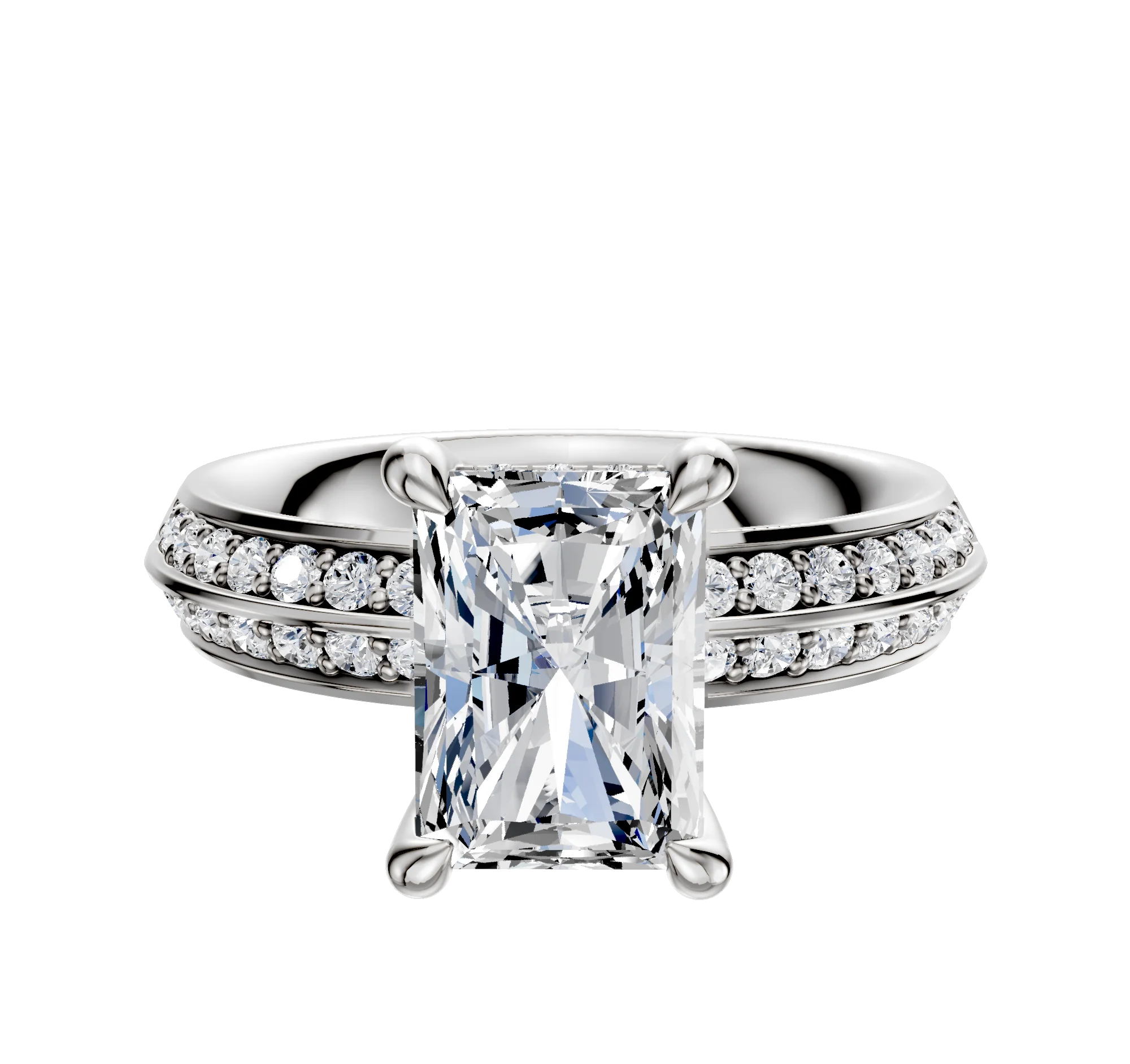 18K White Gold 4 Prong Hidden Halo Classic Knife Edge 1-Row-Pave 2.5mm Engagement Ring