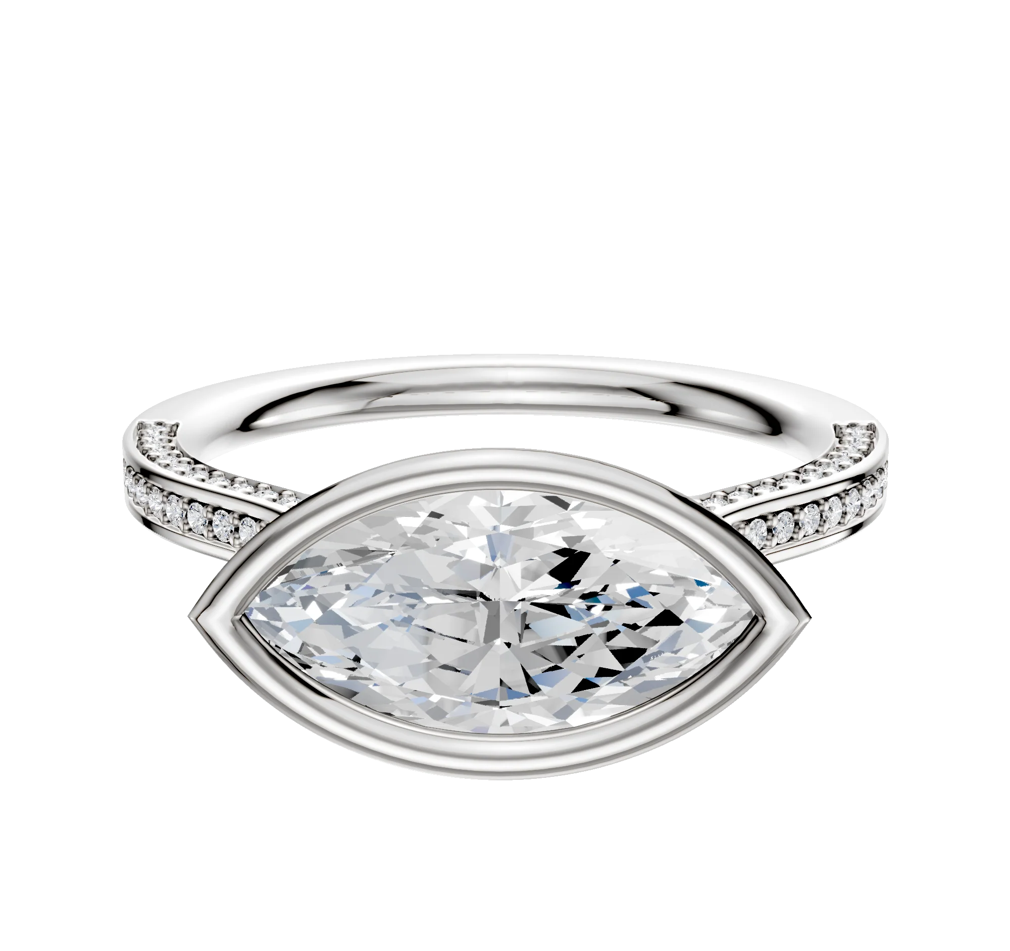 18K White Gold Bezel Full Bezel East/West Cathedral Flat 3-Row-Pave 2.0mm Engagement Ring