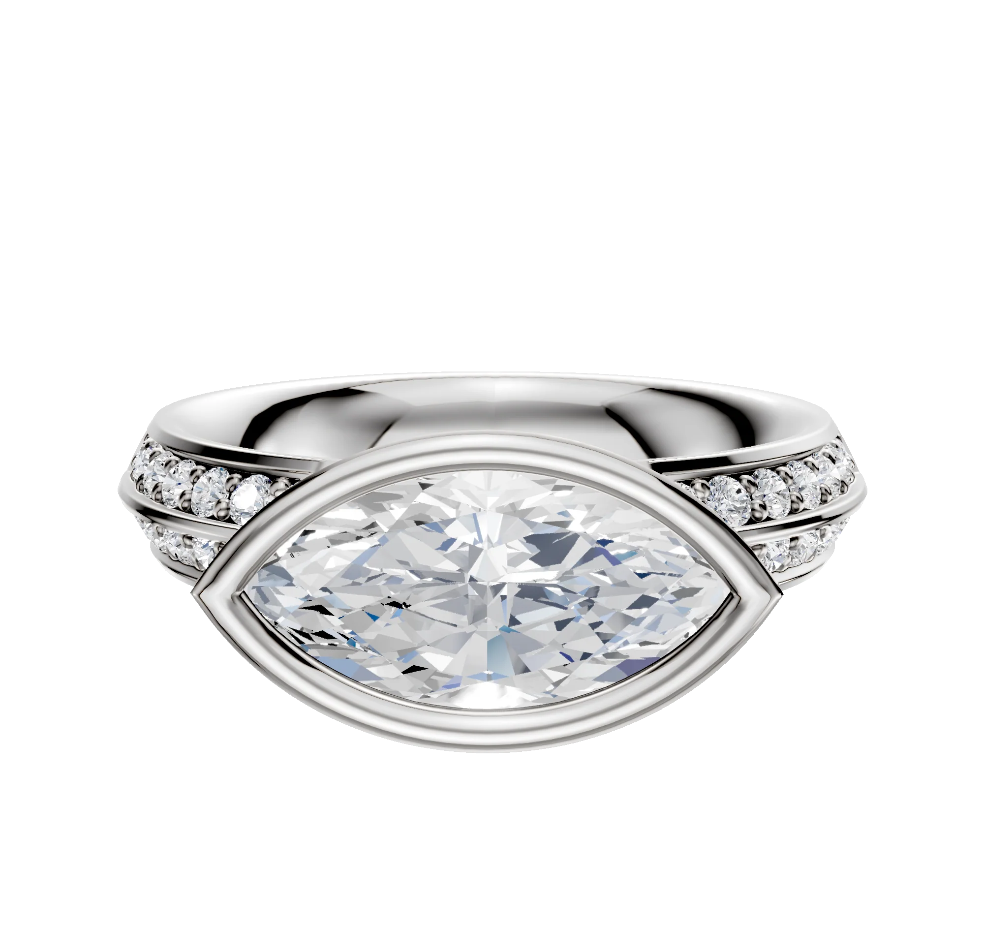 18K White Gold Bezel Full Bezel East/West Classic Knife Edge 1-Row-Pave 2.5mm Engagement Ring