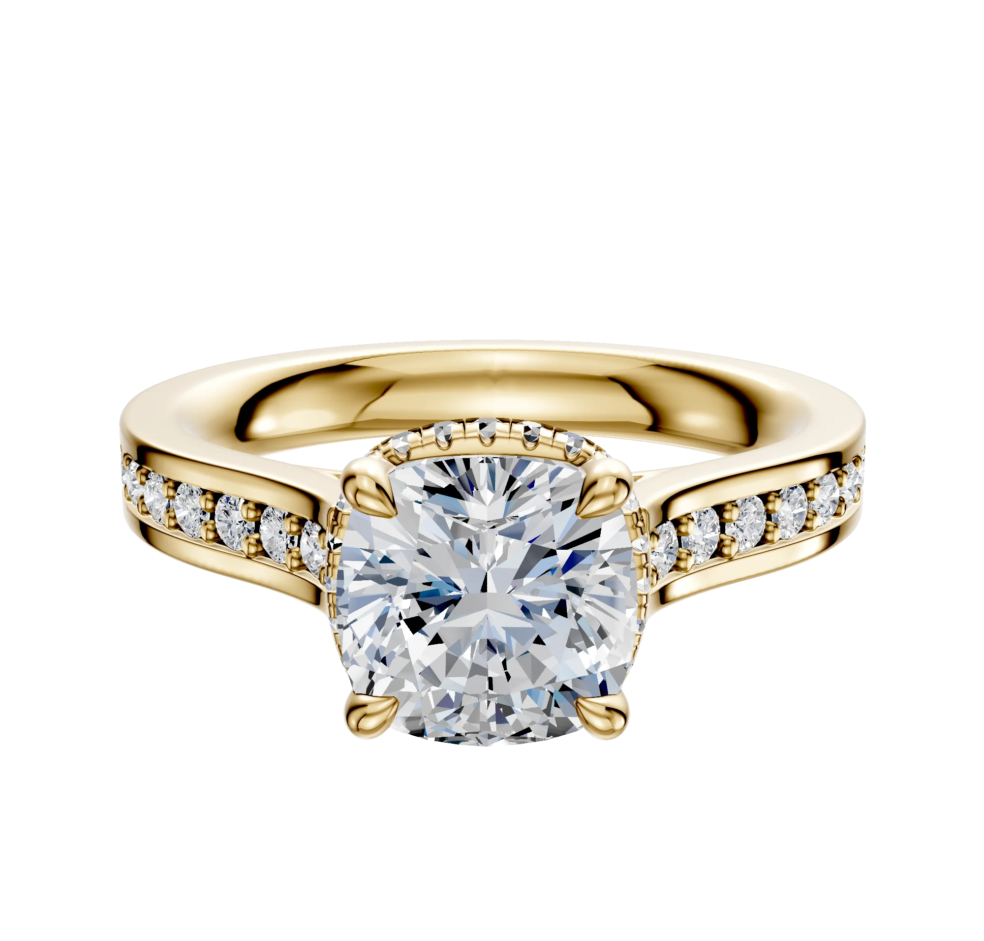 18K Yellow Gold 4 Prong Collar Cathedral Flat 1-Row-Pave 2.5mm Engagement Ring