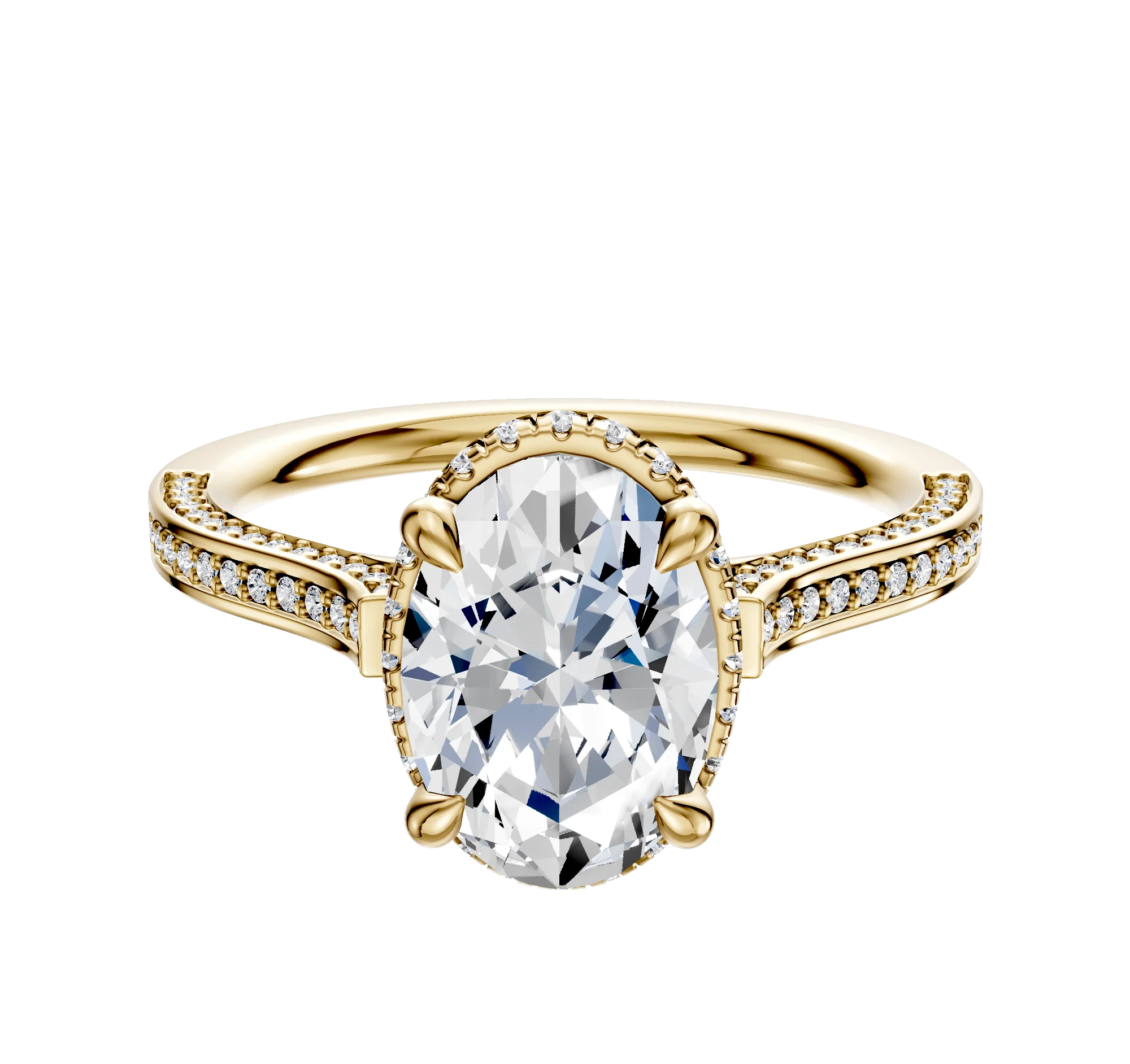 18K Yellow Gold 4 Prong Collar Cathedral Flat 3-Row-Pave 2.0mm Engagement Ring